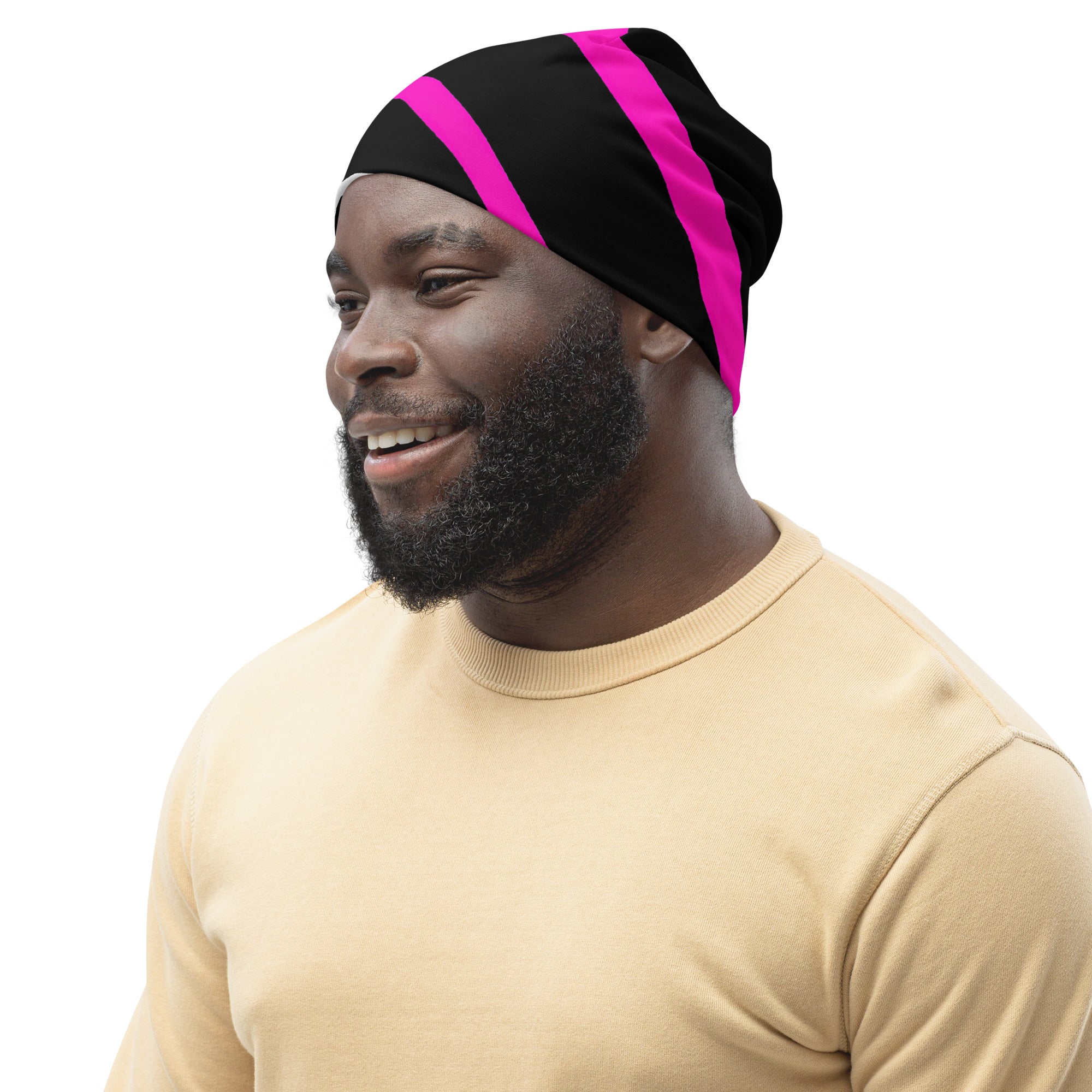 Double-layered beanie hat featuring a stylish black and pink pattern, perfect for winter and spring wear.