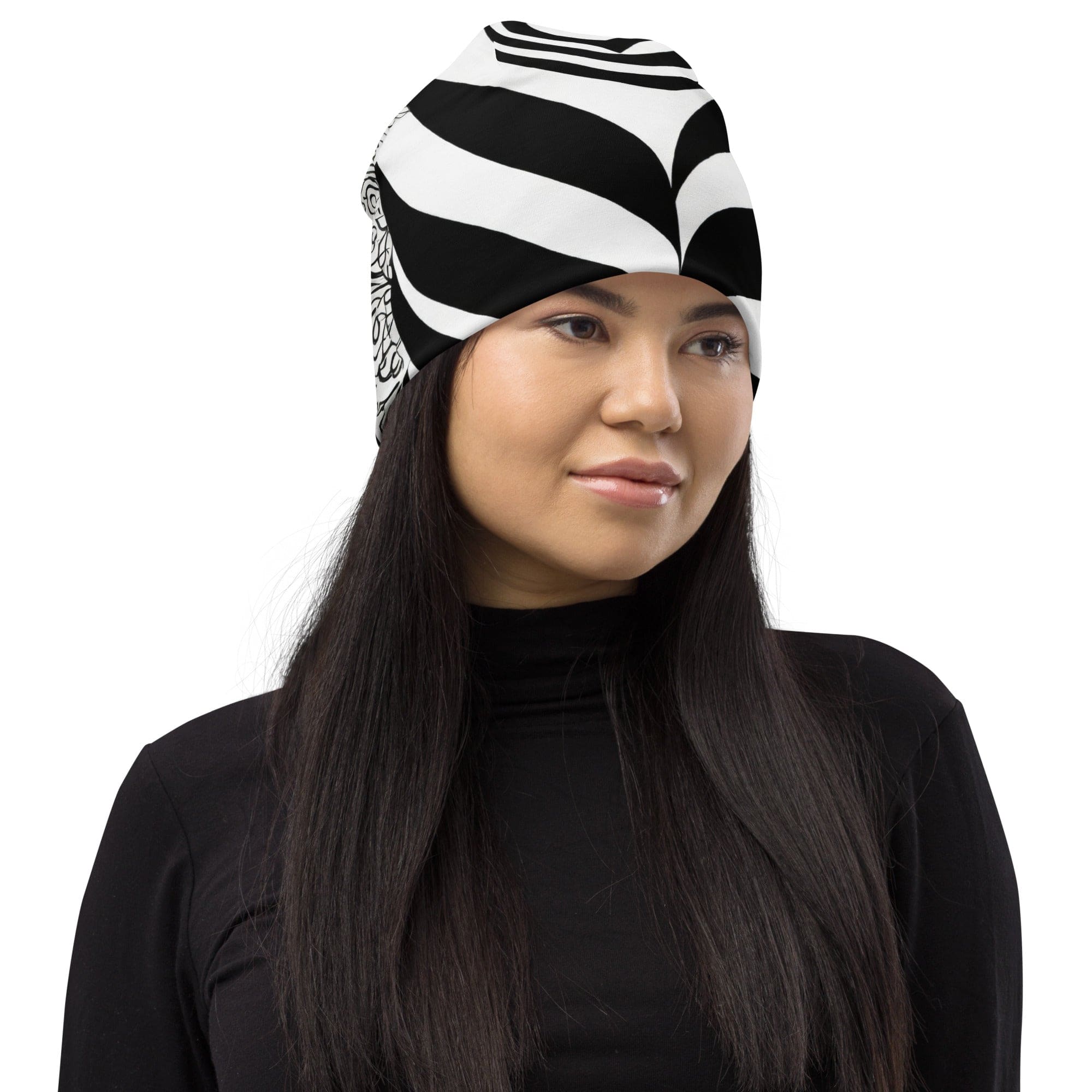 Double-layered black beanie hat with floral lines design, perfect for winter and stylish outfits.