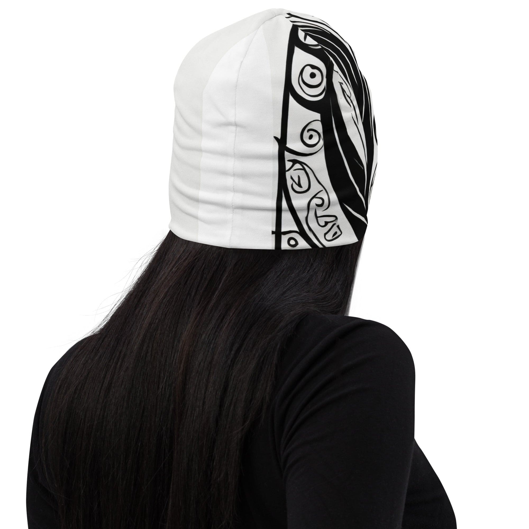 Double-layered beanie hat featuring a black floral design, perfect for winter and stylish outfits.