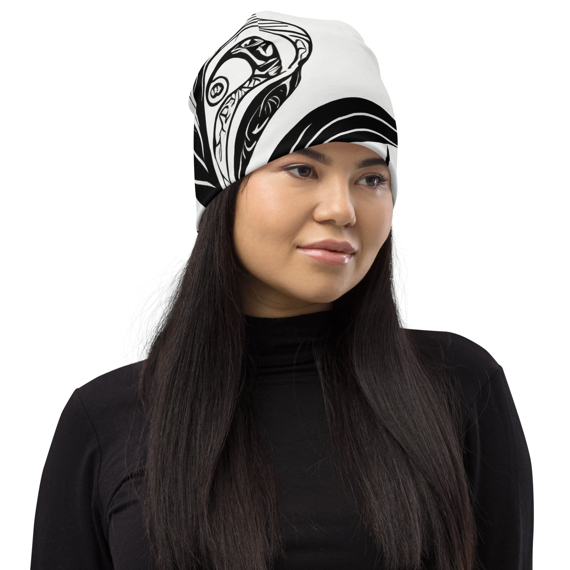 Double-layered beanie hat featuring a black floral design, perfect for winter and stylish outfits.