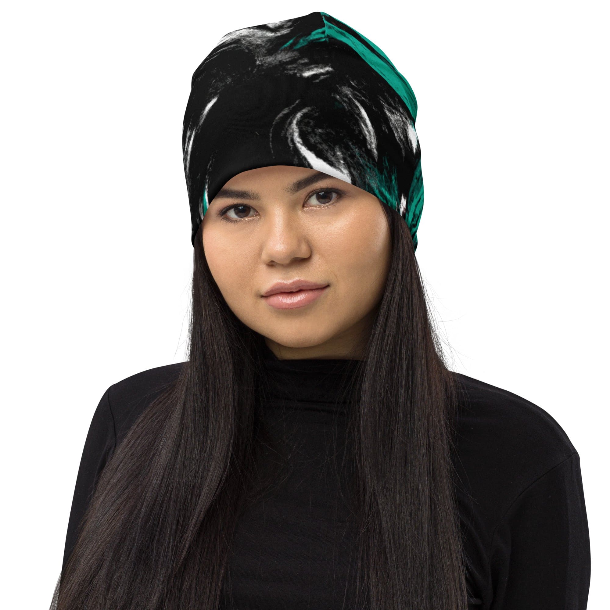 Double-layered beanie hat in black, green, and white abstract pattern, showcasing its stylish design and soft fabric.