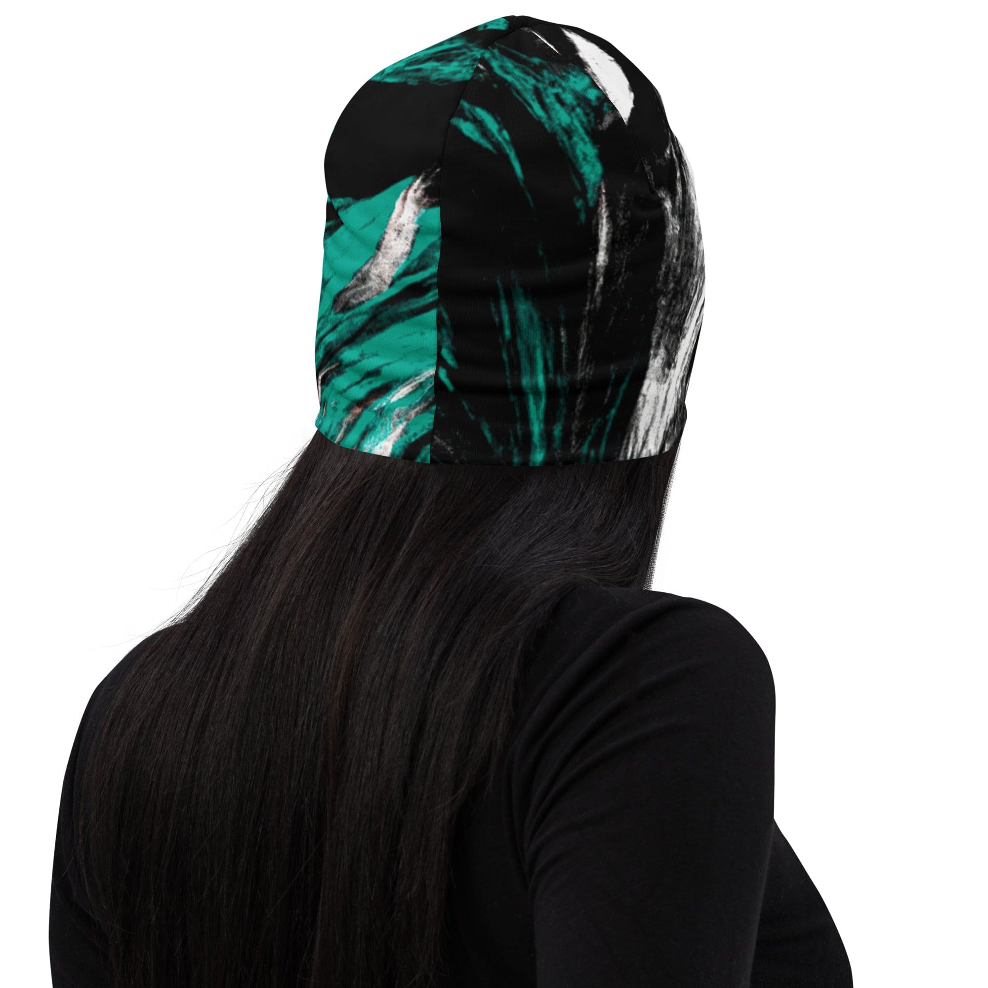 Double-layered beanie hat in black, green, and white abstract pattern, showcasing its stylish design and soft fabric.