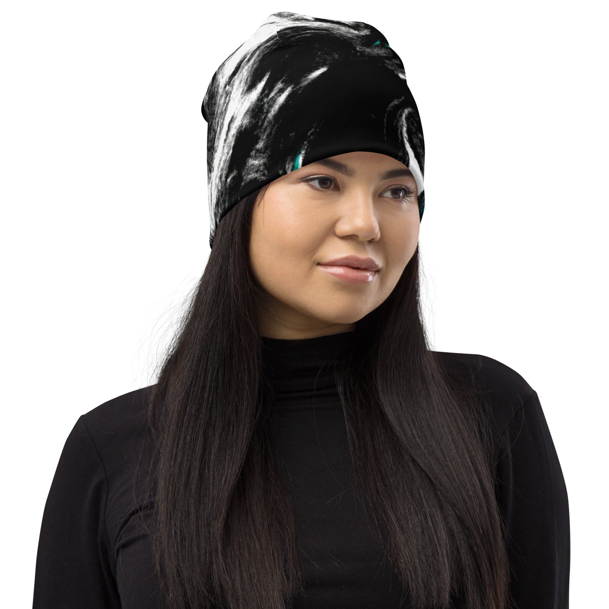 Double-layered beanie hat in black, green, and white abstract pattern, showcasing its stylish design and soft fabric.