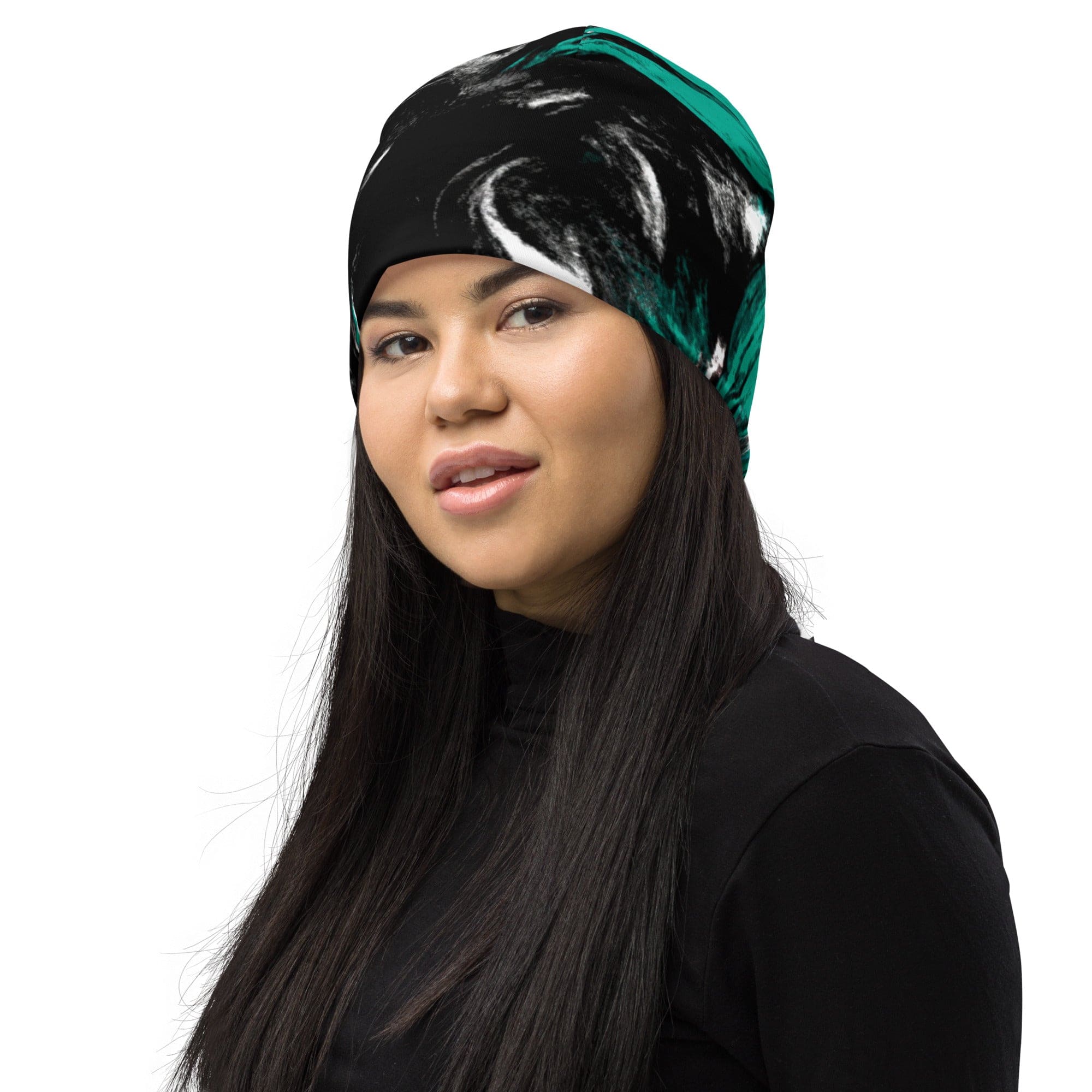 Double-layered beanie hat in black, green, and white abstract pattern, showcasing its stylish design and soft fabric.