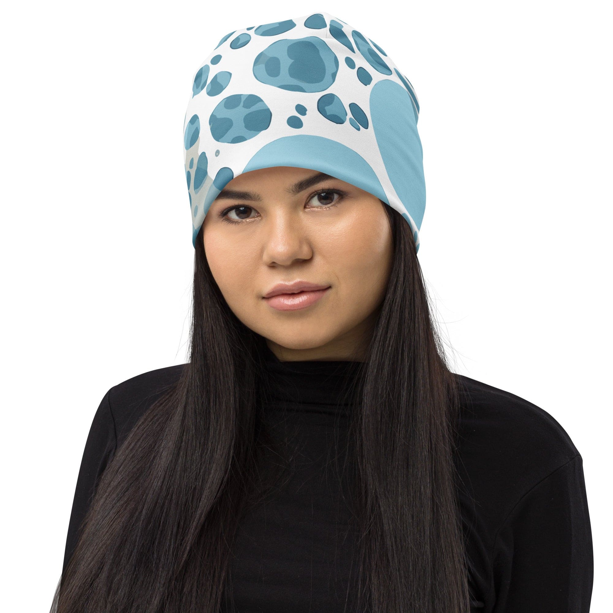 Double-layered beanie hat featuring a blue and white circular spotted design, perfect for winter and stylish outfits.