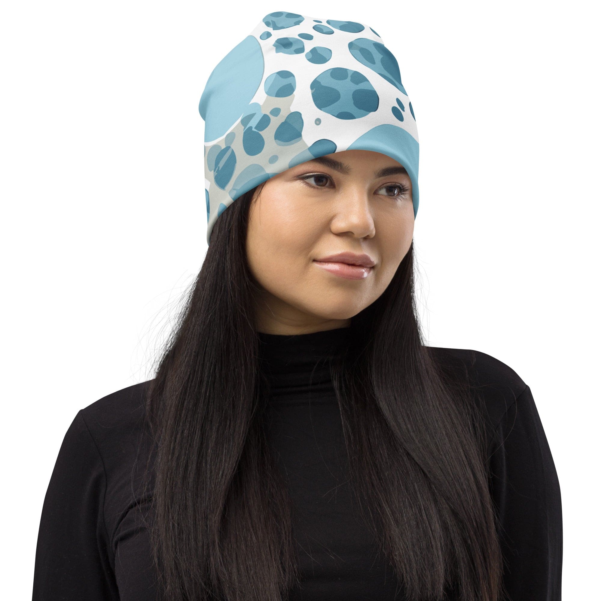 Double-layered beanie hat featuring a blue and white circular spotted design, perfect for winter and stylish outfits.