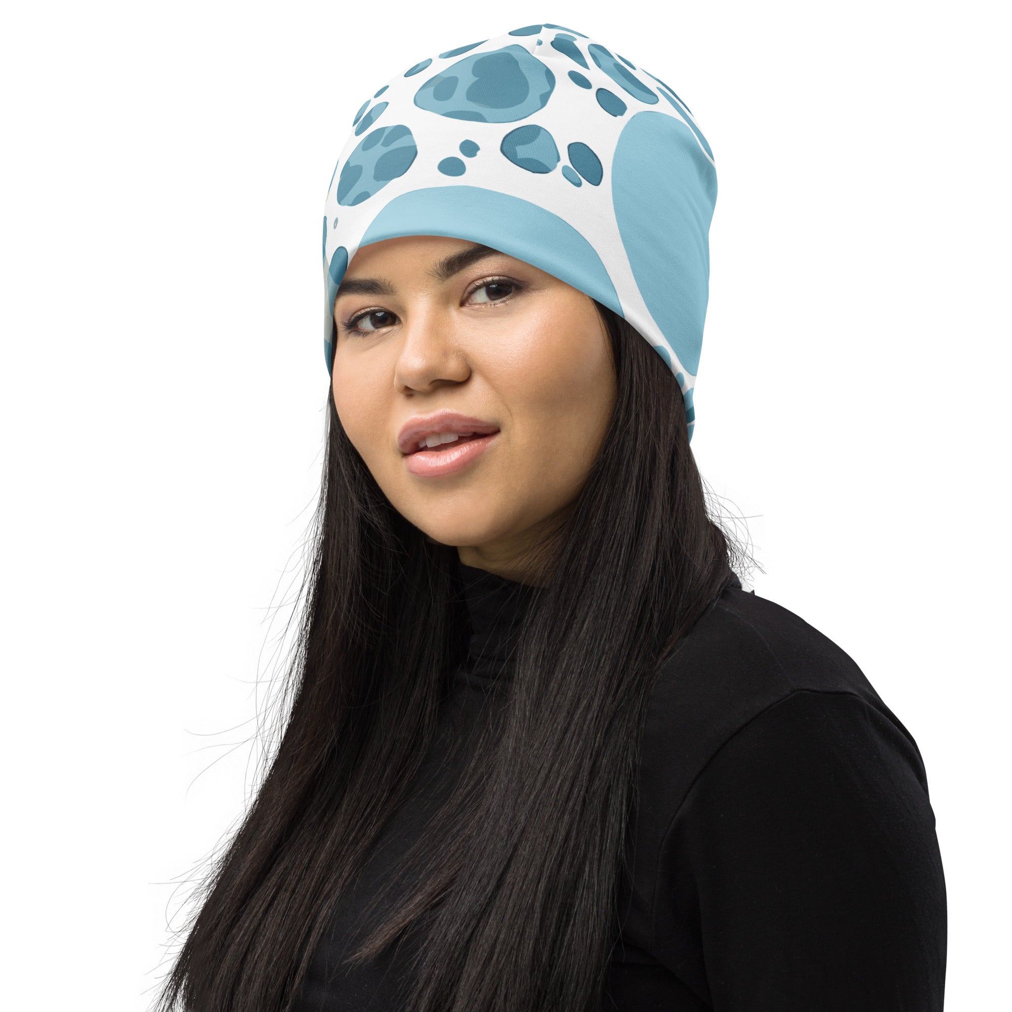 Double-layered beanie hat featuring a blue and white circular spotted design, perfect for winter and stylish outfits.