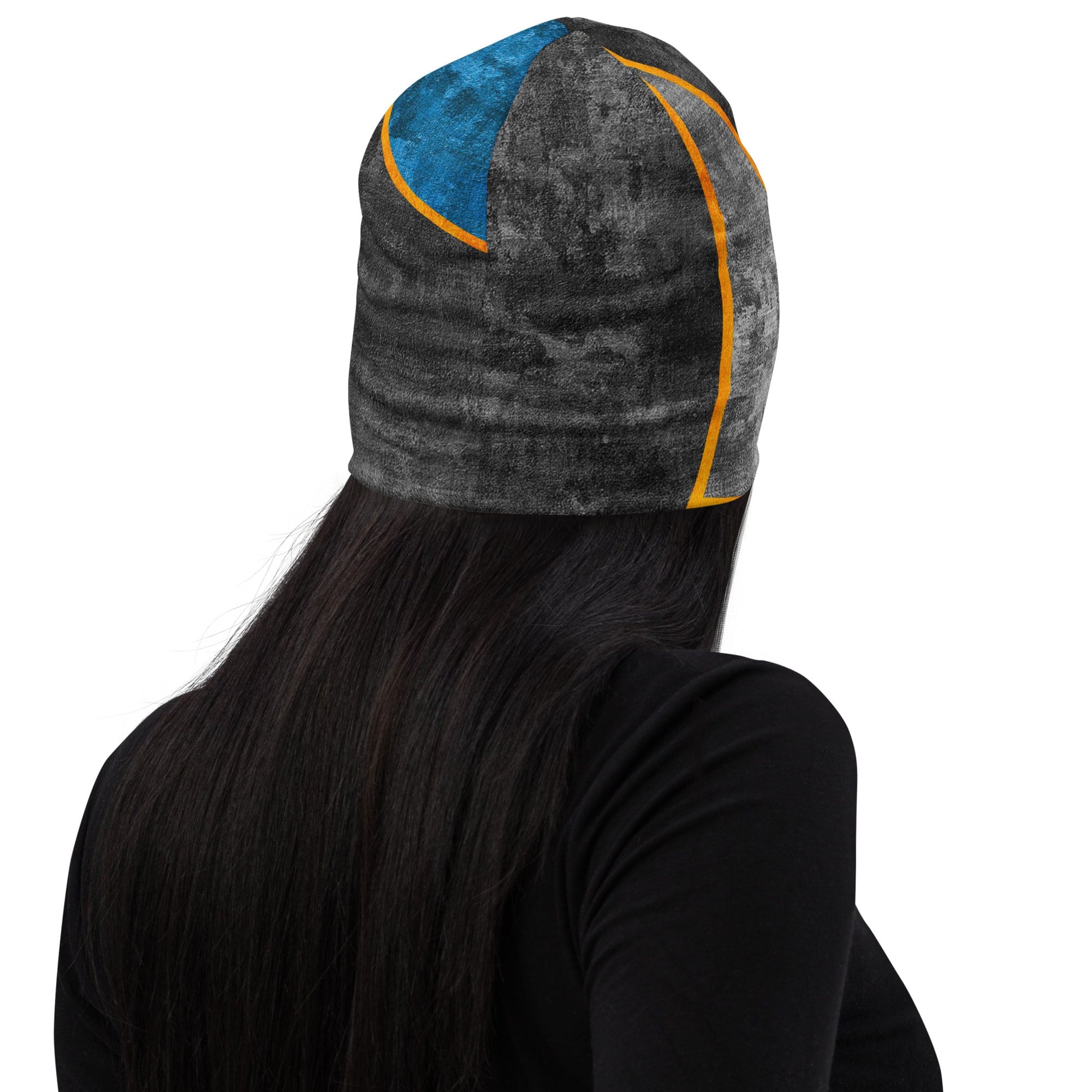 A cozy double-layered beanie hat in blue and grey design, showcasing its soft fabric and stylish appearance, perfect for winter wear.