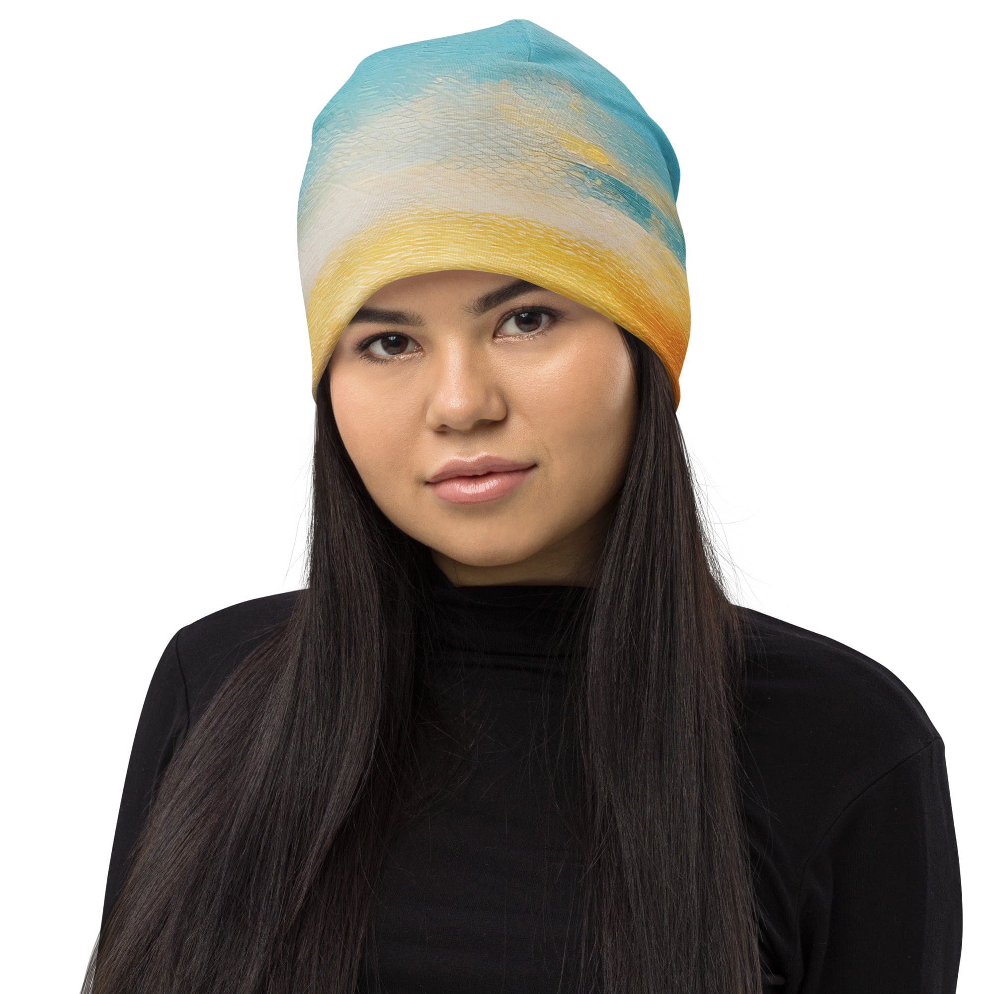 Double-layered beanie hat featuring a vibrant Blue Ocean Golden Sunset Print, perfect for stylish warmth in winter and spring.