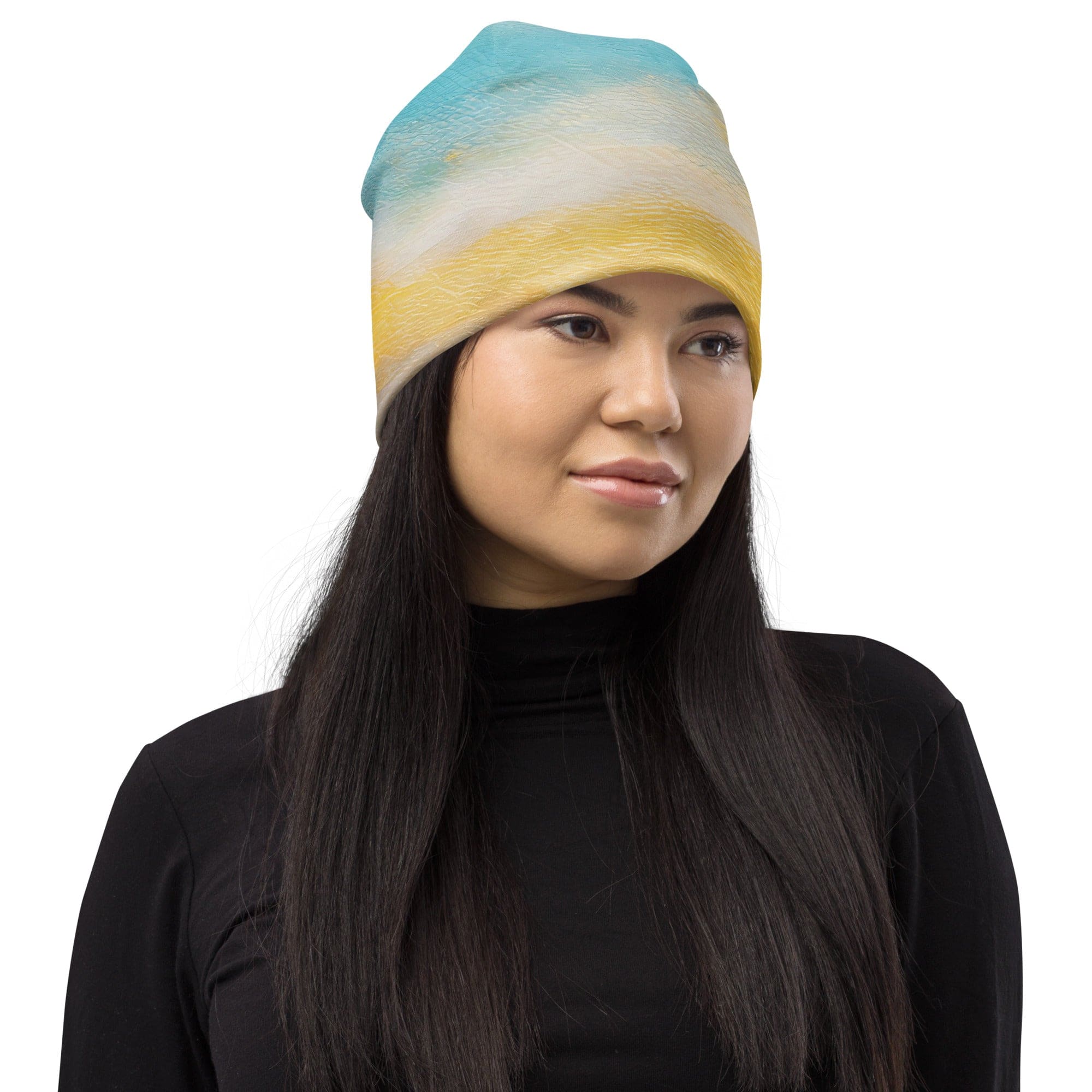 Double-layered beanie hat featuring a vibrant Blue Ocean Golden Sunset Print, perfect for stylish warmth in winter and spring.