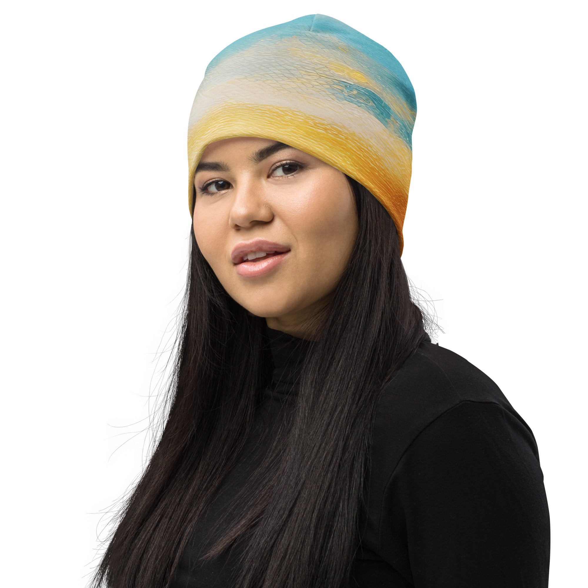 Double-layered beanie hat featuring a vibrant Blue Ocean Golden Sunset Print, perfect for stylish warmth in winter and spring.