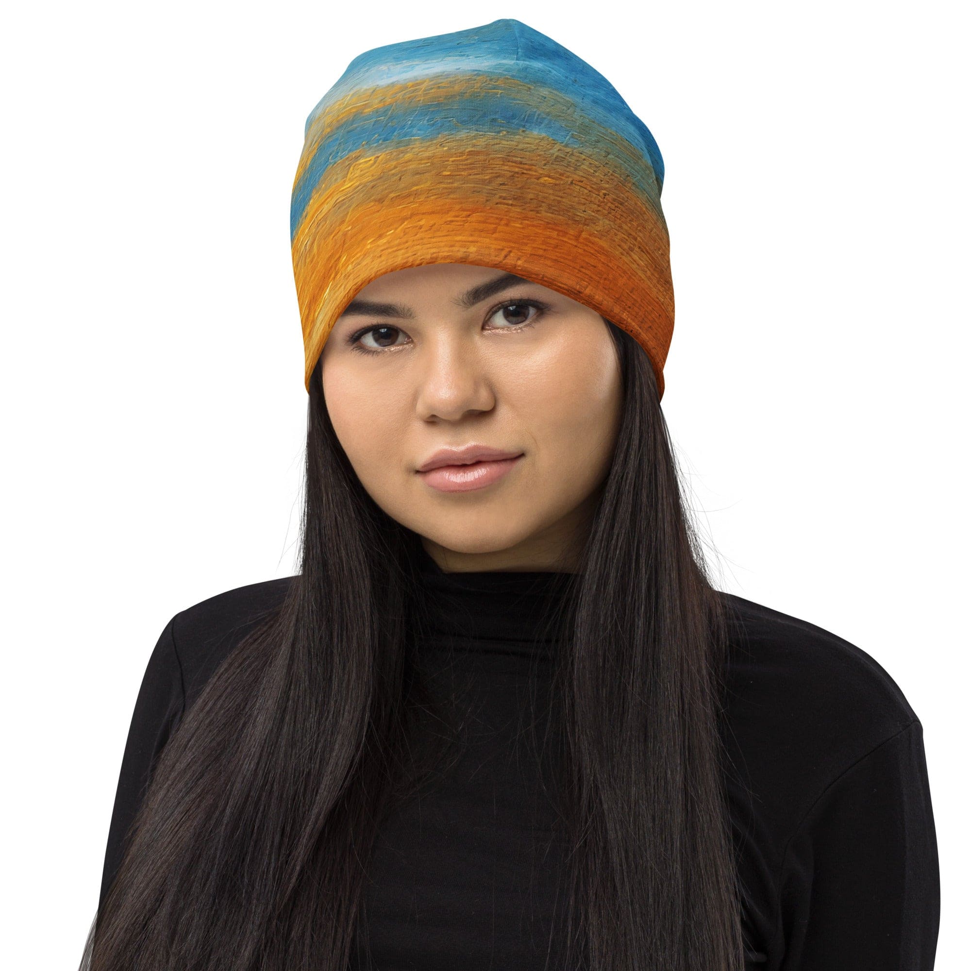 Double-layered beanie hat featuring a blue ocean and golden sunset print, perfect for winter and fall wear.