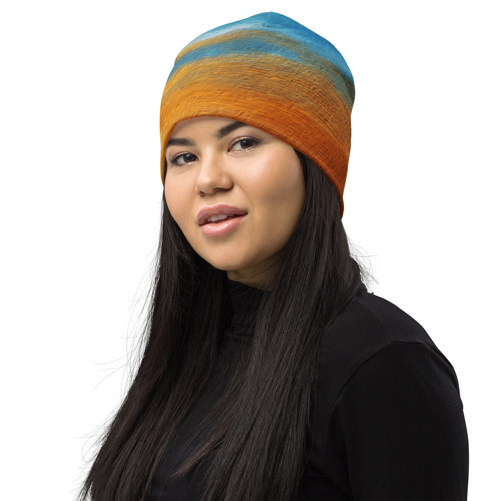 Double-layered beanie hat featuring a blue ocean and golden sunset print, perfect for winter and fall wear.