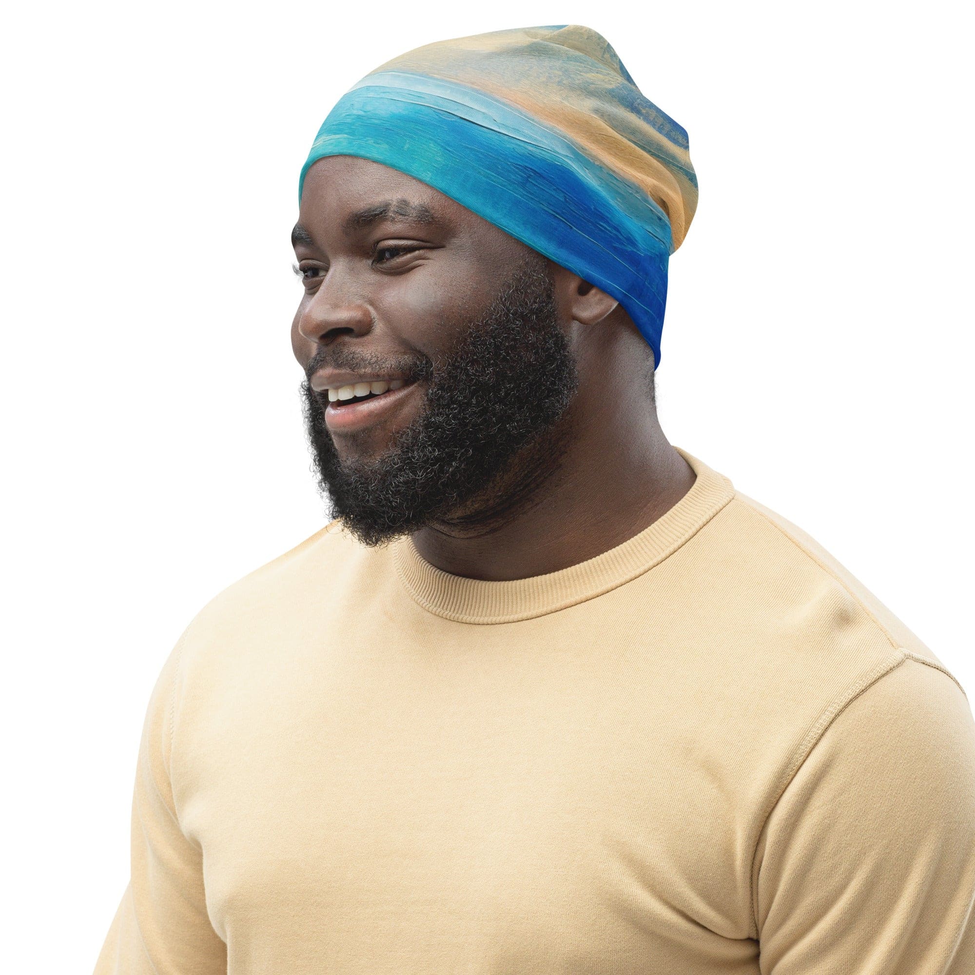 Double-layered beanie hat featuring a blue ocean print design, showcasing its soft fabric and stylish appearance.