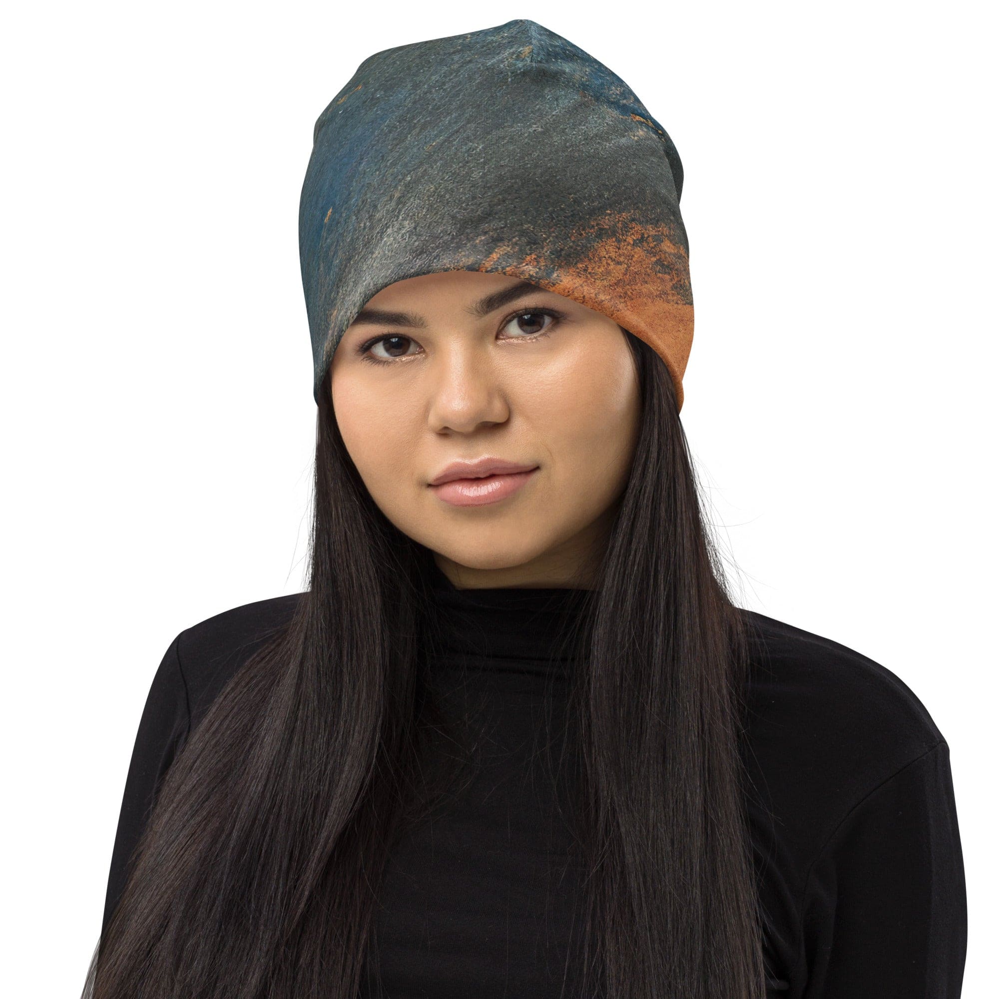 Double-layered beanie hat featuring a blue and orange abstract pattern, perfect for winter and stylish outfits.