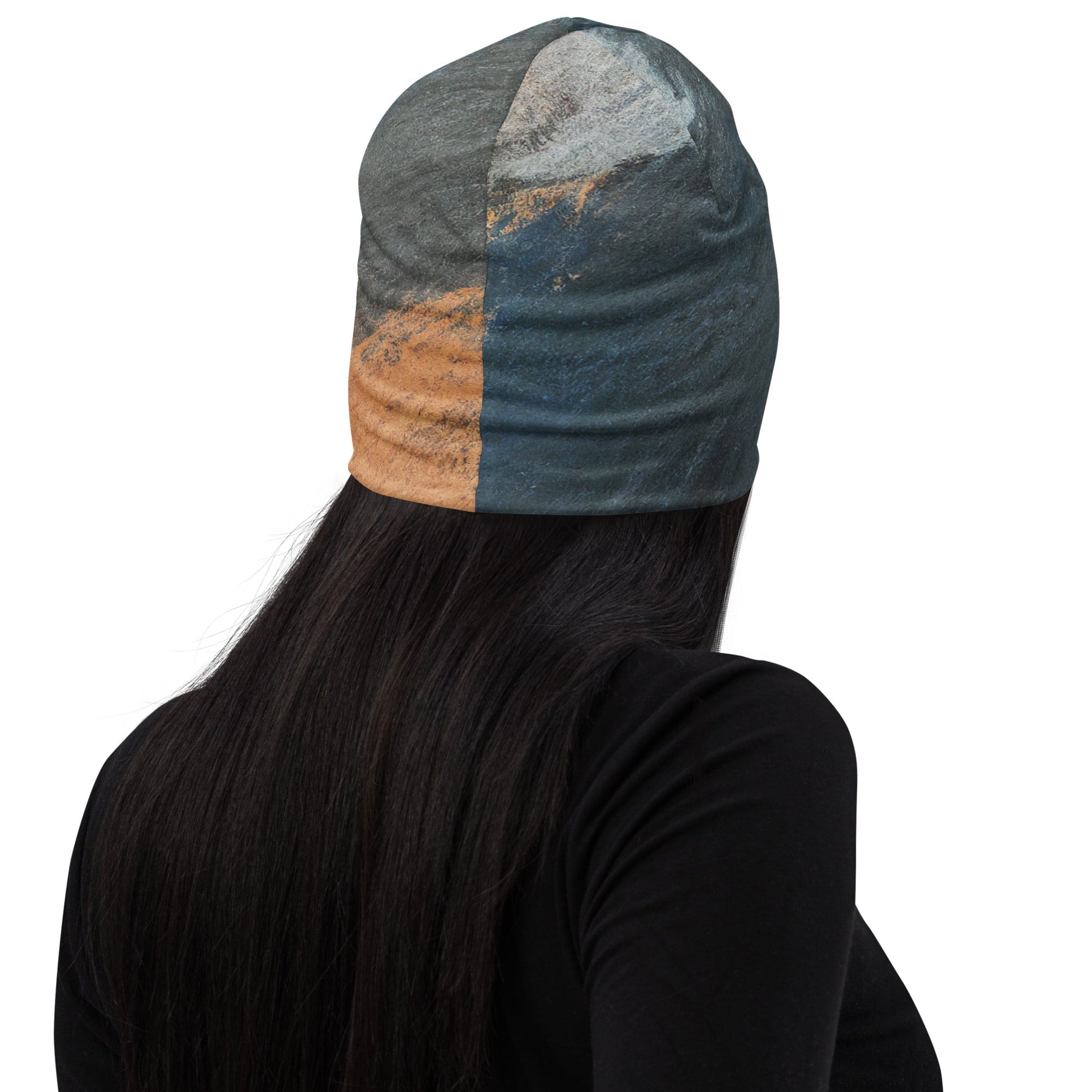 Double-layered beanie hat featuring a blue and orange abstract pattern, perfect for winter and stylish outfits.