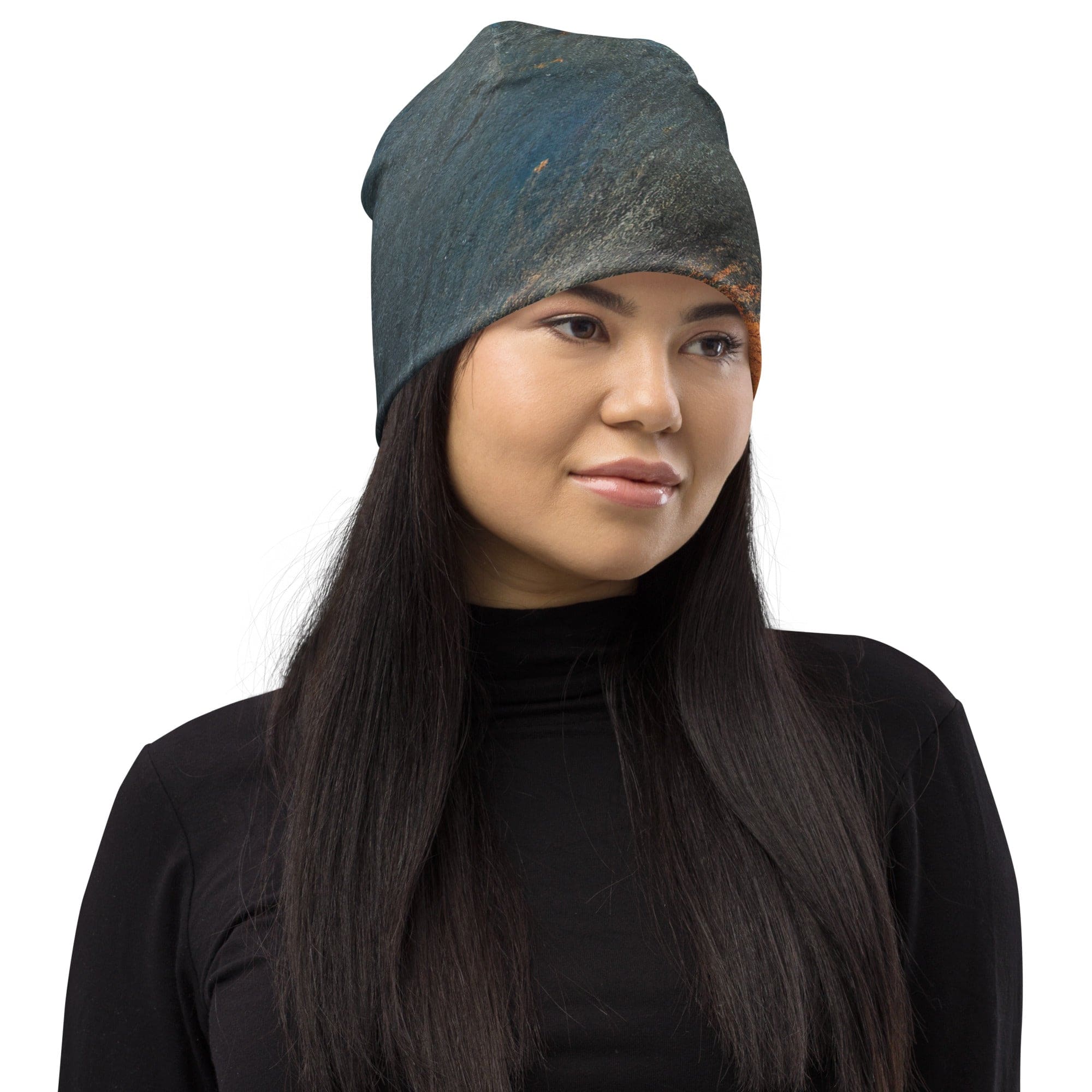 Double-layered beanie hat featuring a blue and orange abstract pattern, perfect for winter and stylish outfits.