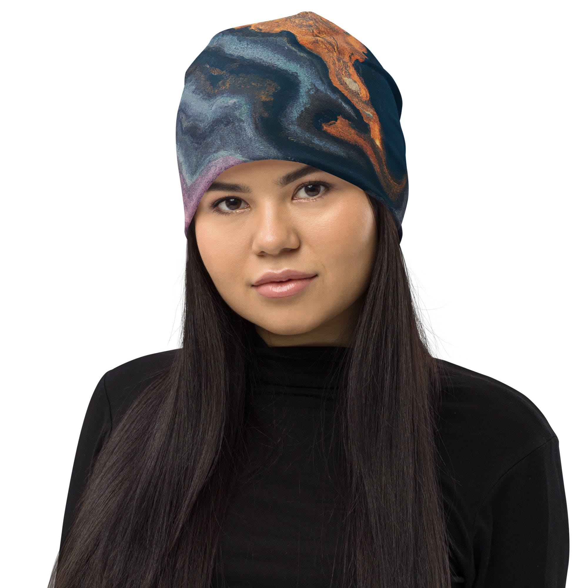 Double-layered beanie hat featuring a blue and pink marble swirl print, perfect for winter and stylish outfits.