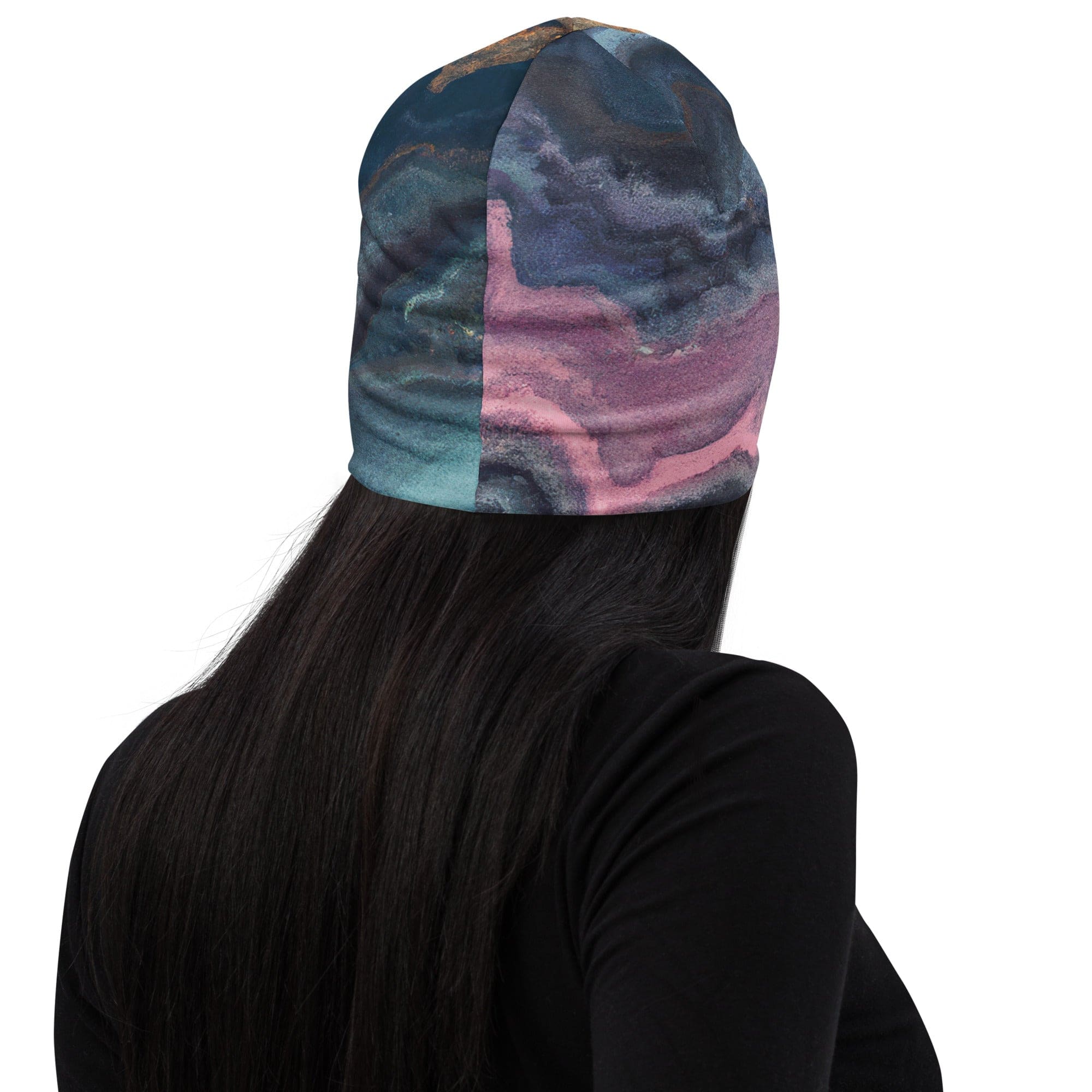 Double-layered beanie hat featuring a blue and pink marble swirl print, perfect for winter and stylish outfits.