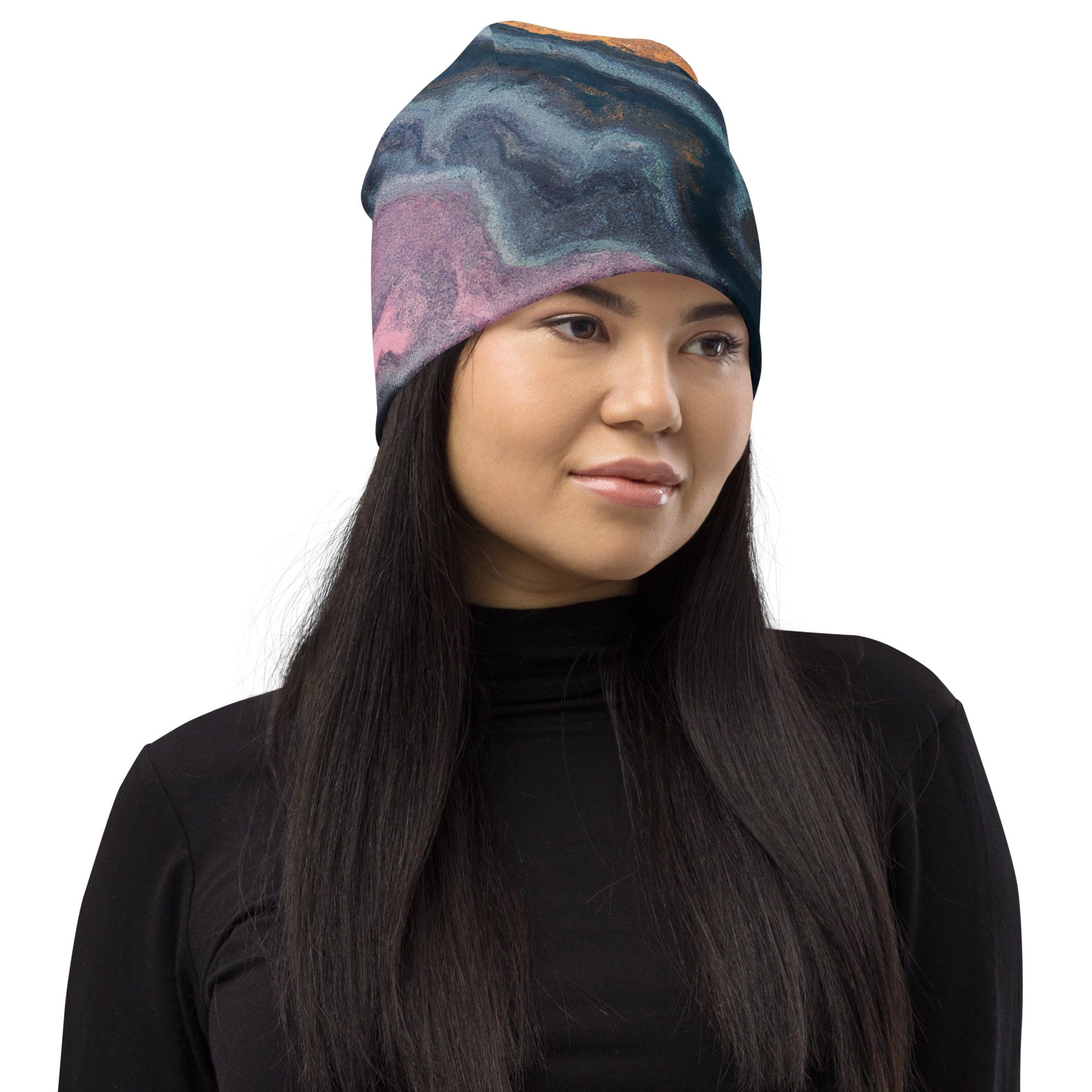 Double-layered beanie hat featuring a blue and pink marble swirl print, perfect for winter and stylish outfits.