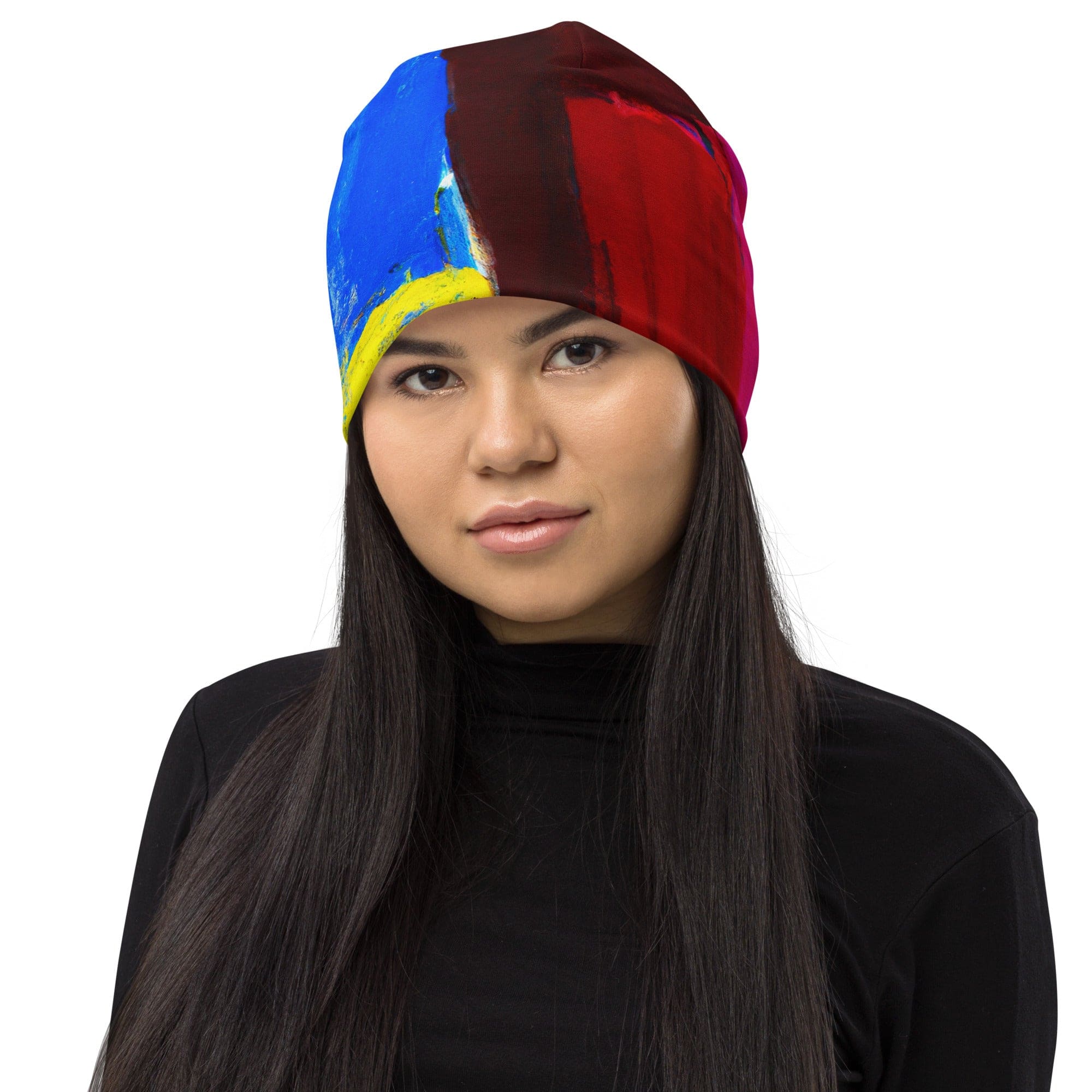 Double-layered beanie hat featuring a blue and red abstract pattern, perfect for winter and stylish outfits.