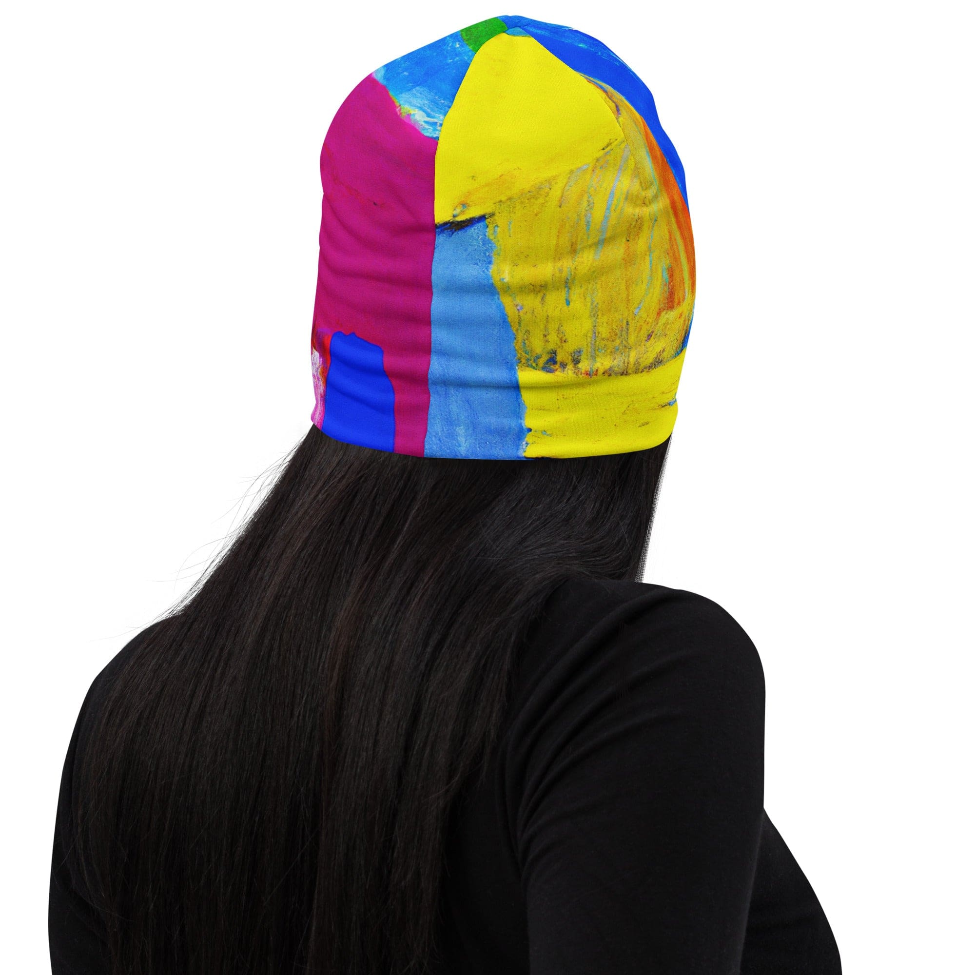 Double-layered beanie hat featuring a blue and red abstract pattern, perfect for winter and stylish outfits.