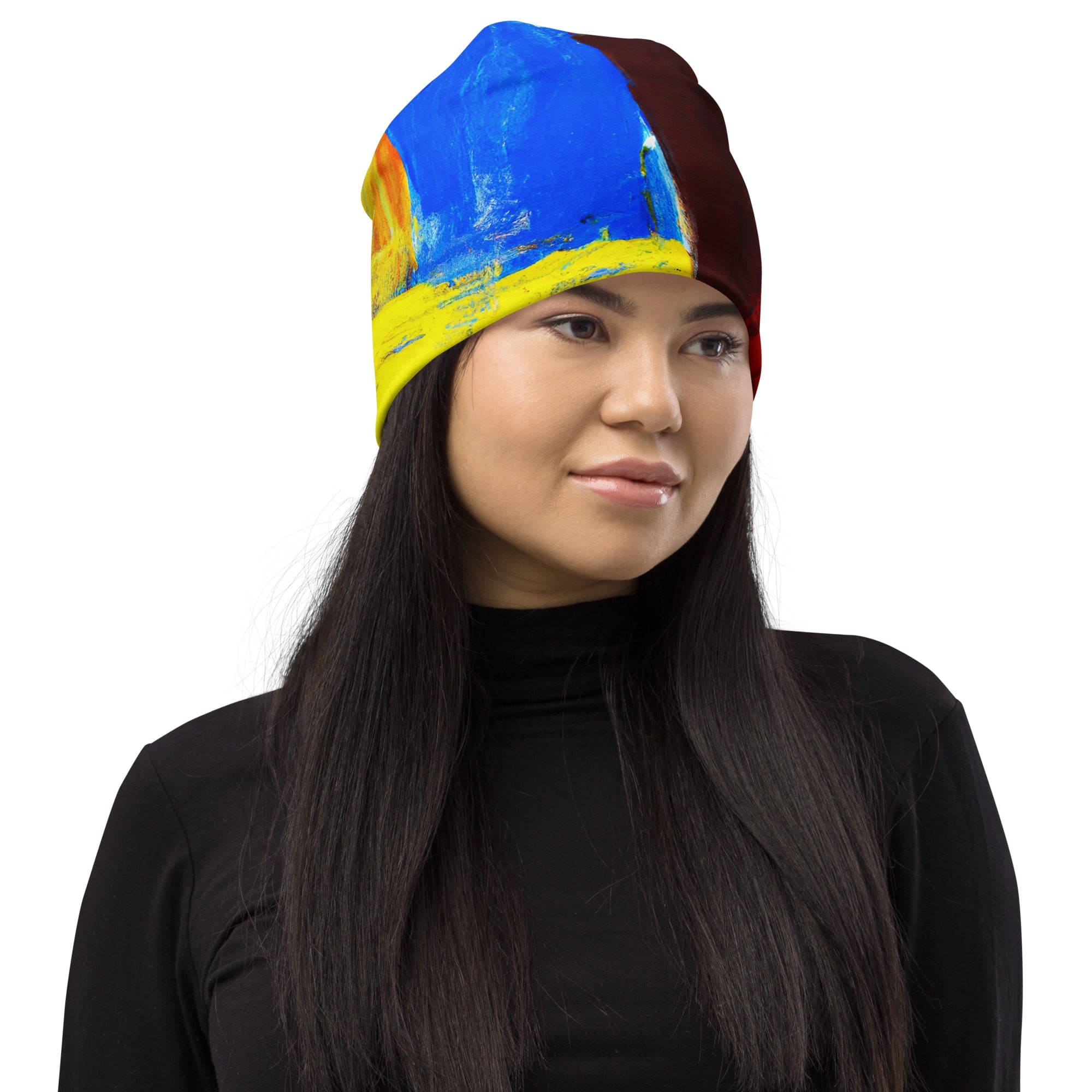 Double-layered beanie hat featuring a blue and red abstract pattern, perfect for winter and stylish outfits.