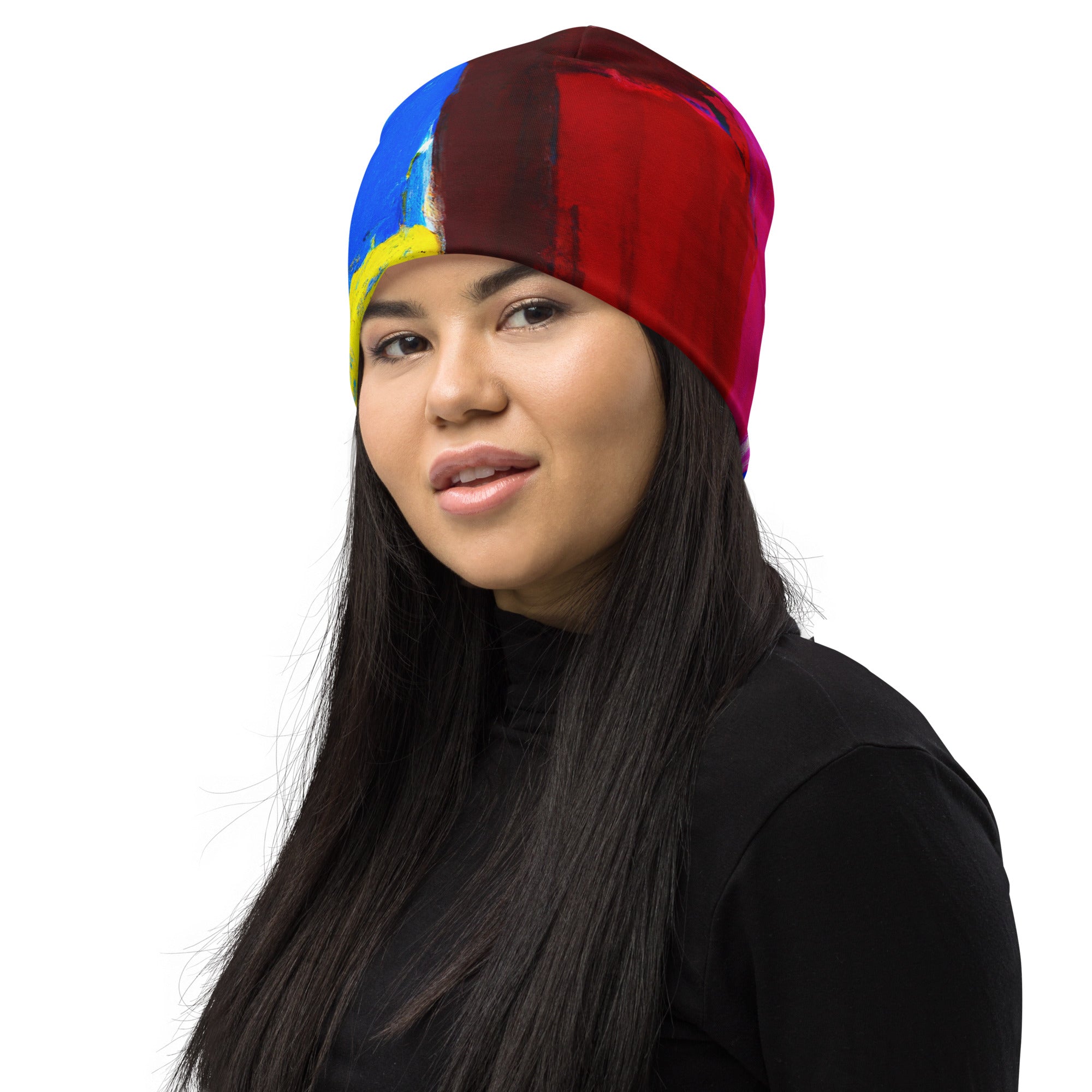 Double-layered beanie hat featuring a blue and red abstract pattern, perfect for winter and stylish outfits.