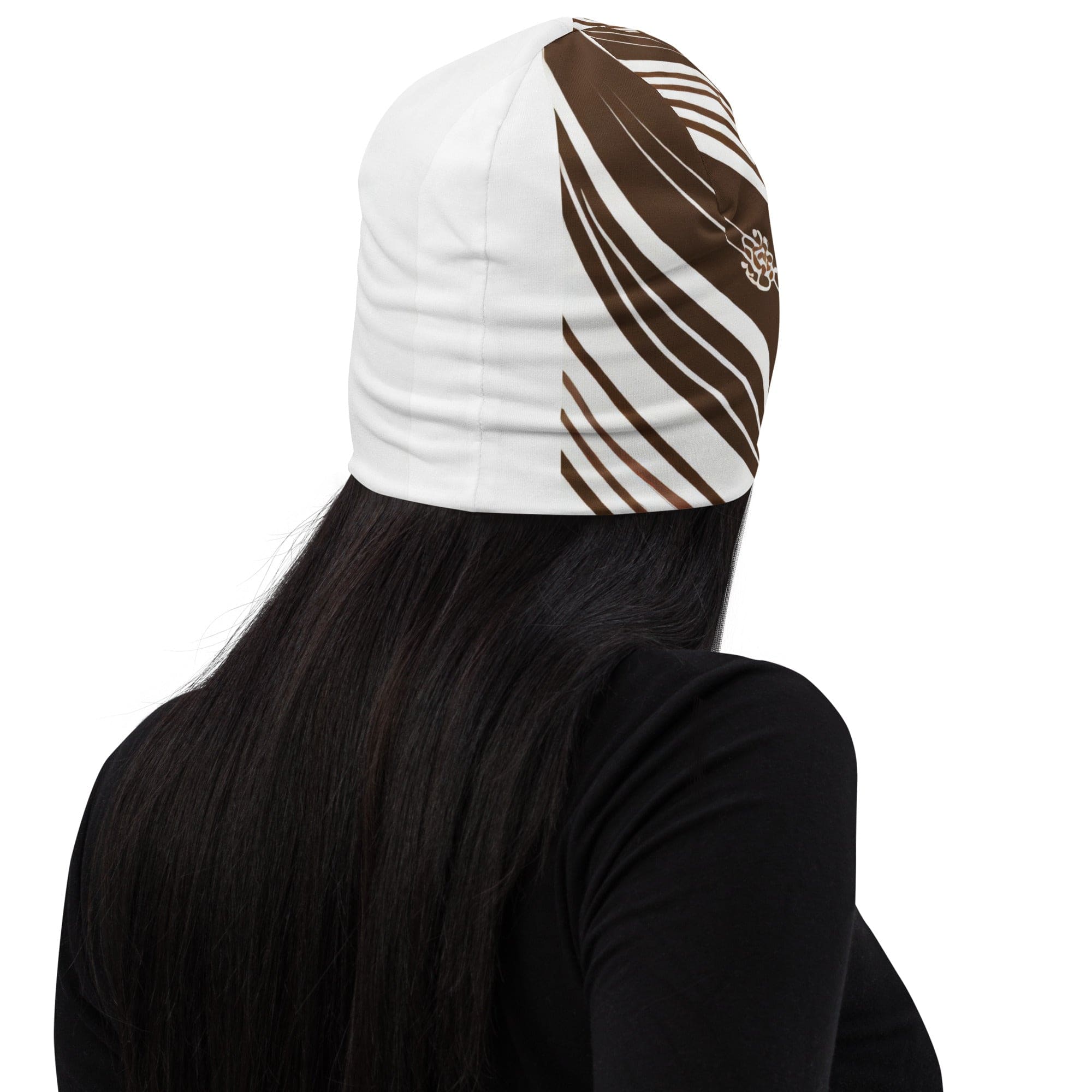 Double-layered beanie hat in brown with floral lines, showcasing a stylish and cozy design perfect for winter and fall.