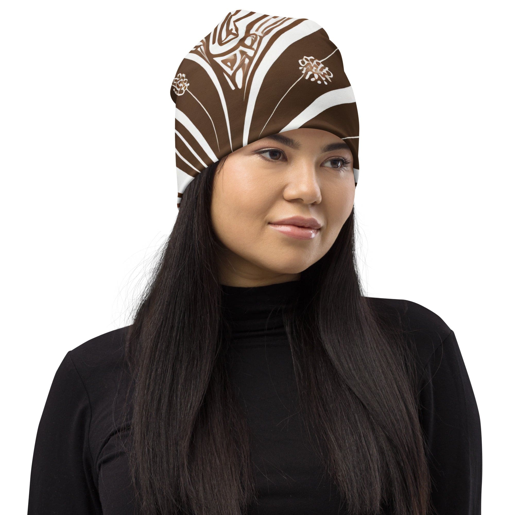 Double-layered beanie hat in brown with floral lines, showcasing a stylish and cozy design perfect for winter and fall.