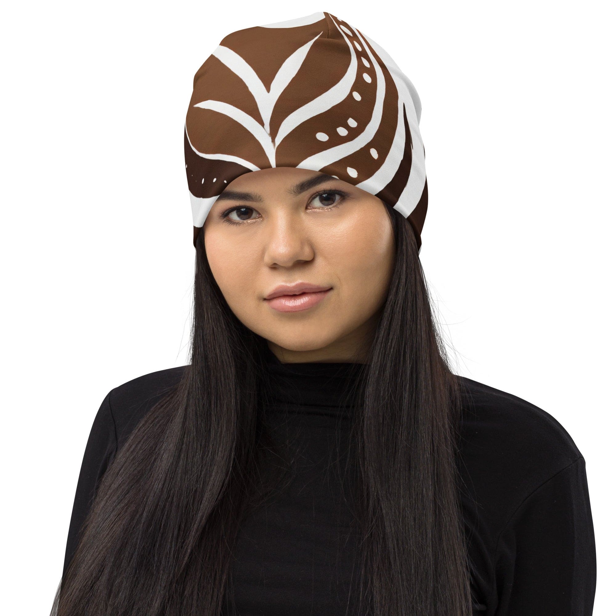 Double-layered beanie hat in brown with floral lines design, showcasing its soft fabric and stylish appearance.