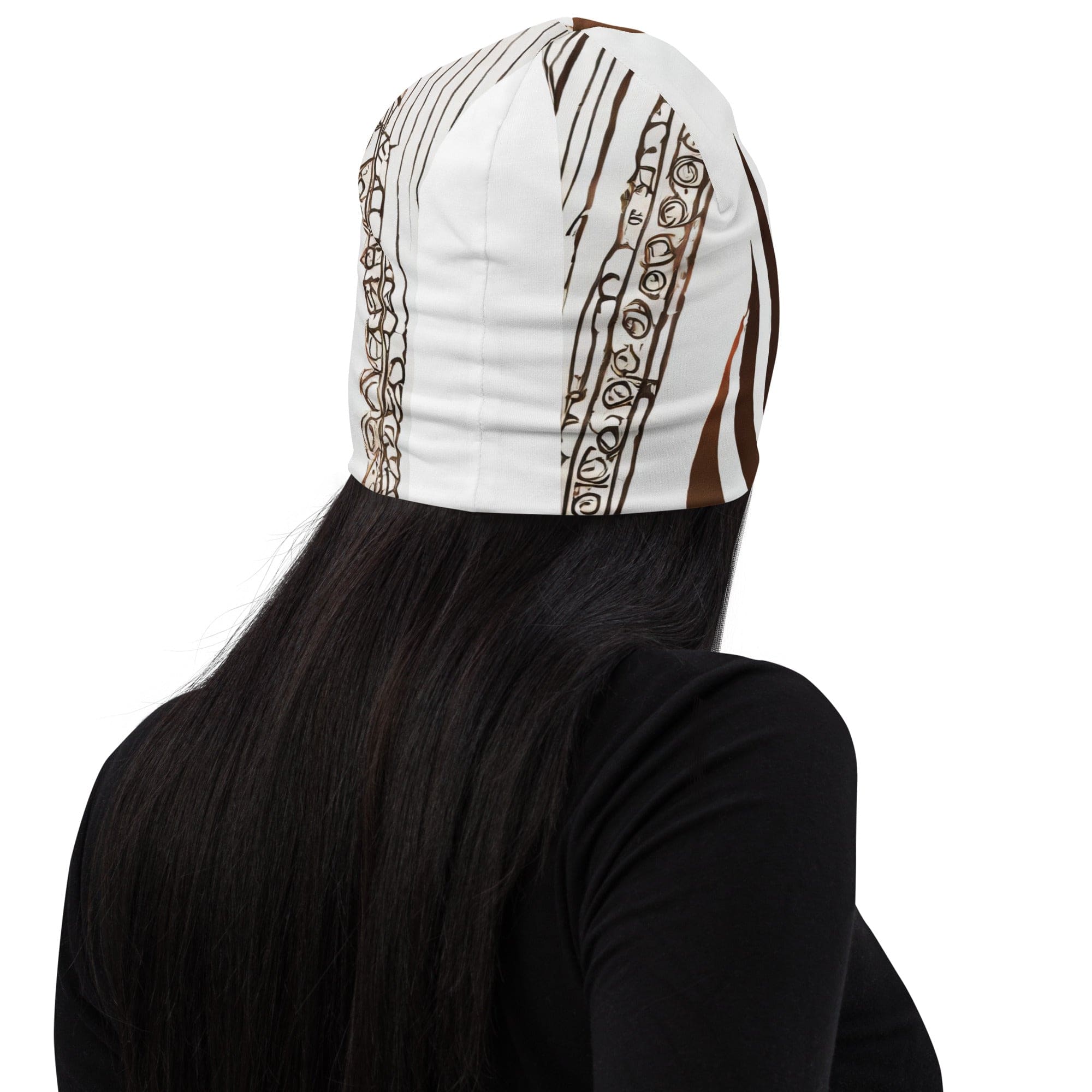 Double-layered beanie hat in brown with floral lines design, showcasing its soft fabric and stylish appearance.