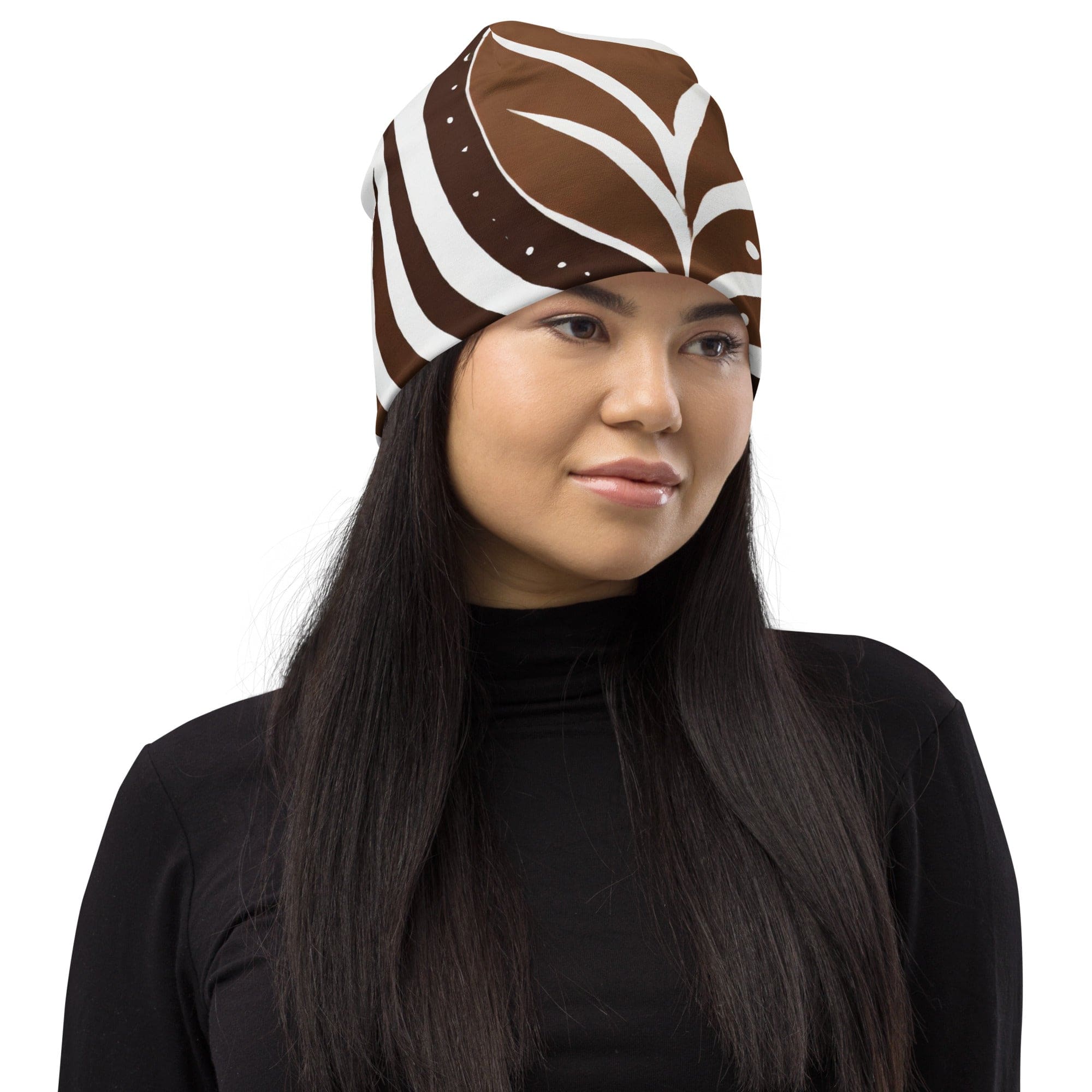 Double-layered beanie hat in brown with floral lines design, showcasing its soft fabric and stylish appearance.