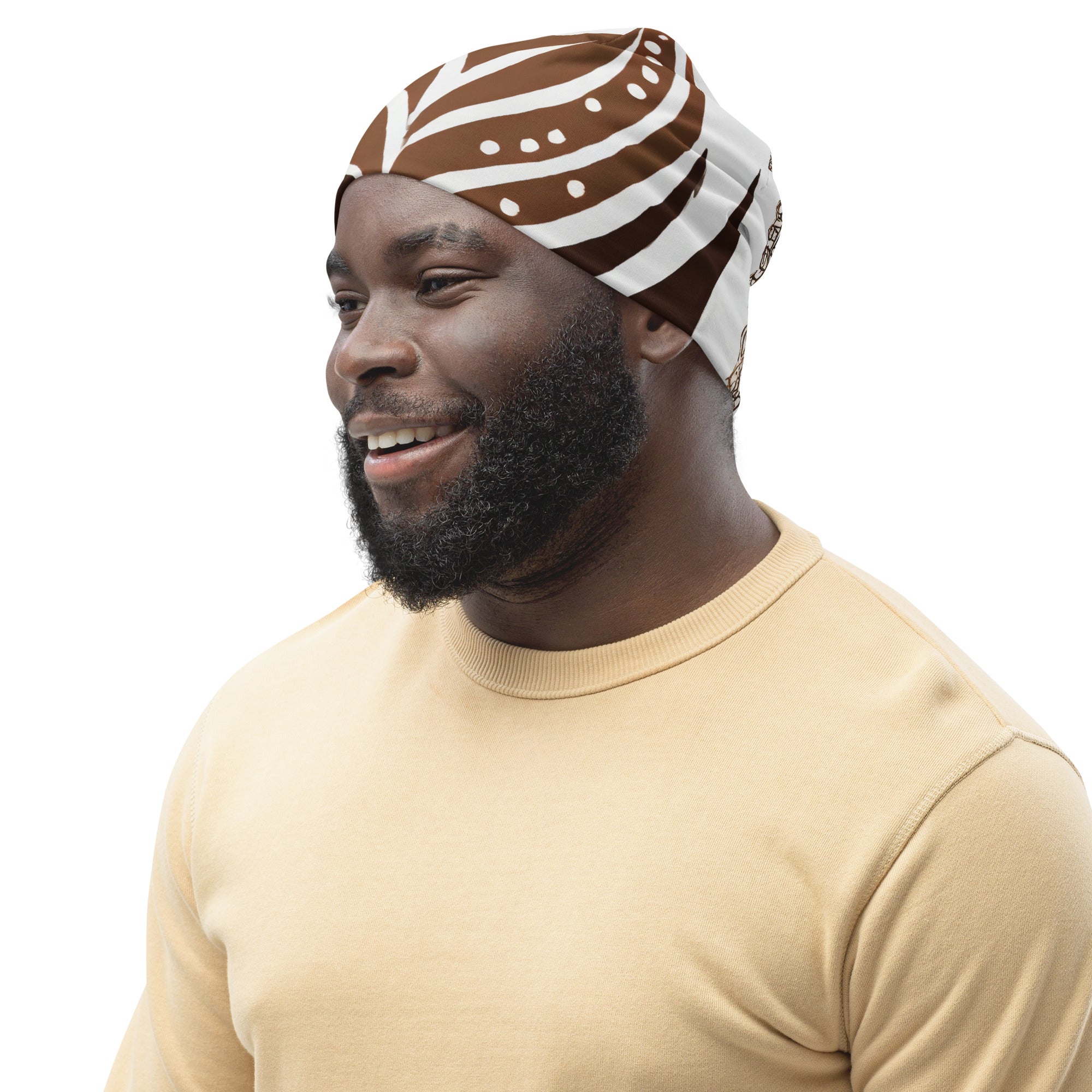 Double-layered beanie hat featuring a brown floral design, soft fabric, and a comfortable fit, perfect for winter and spring wear.