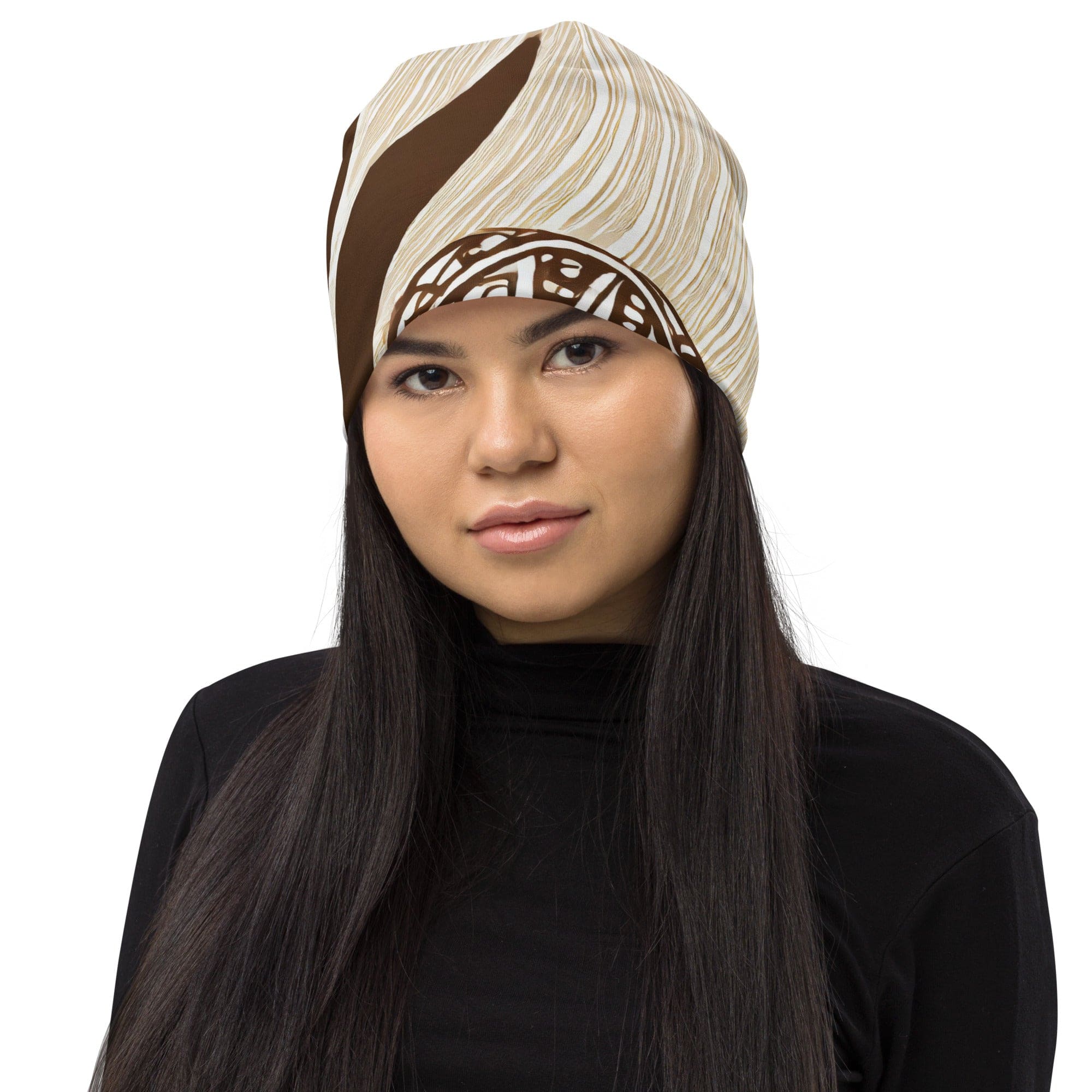 Double-layered beanie hat featuring a stylish brown floral design, perfect for winter and spring wear.