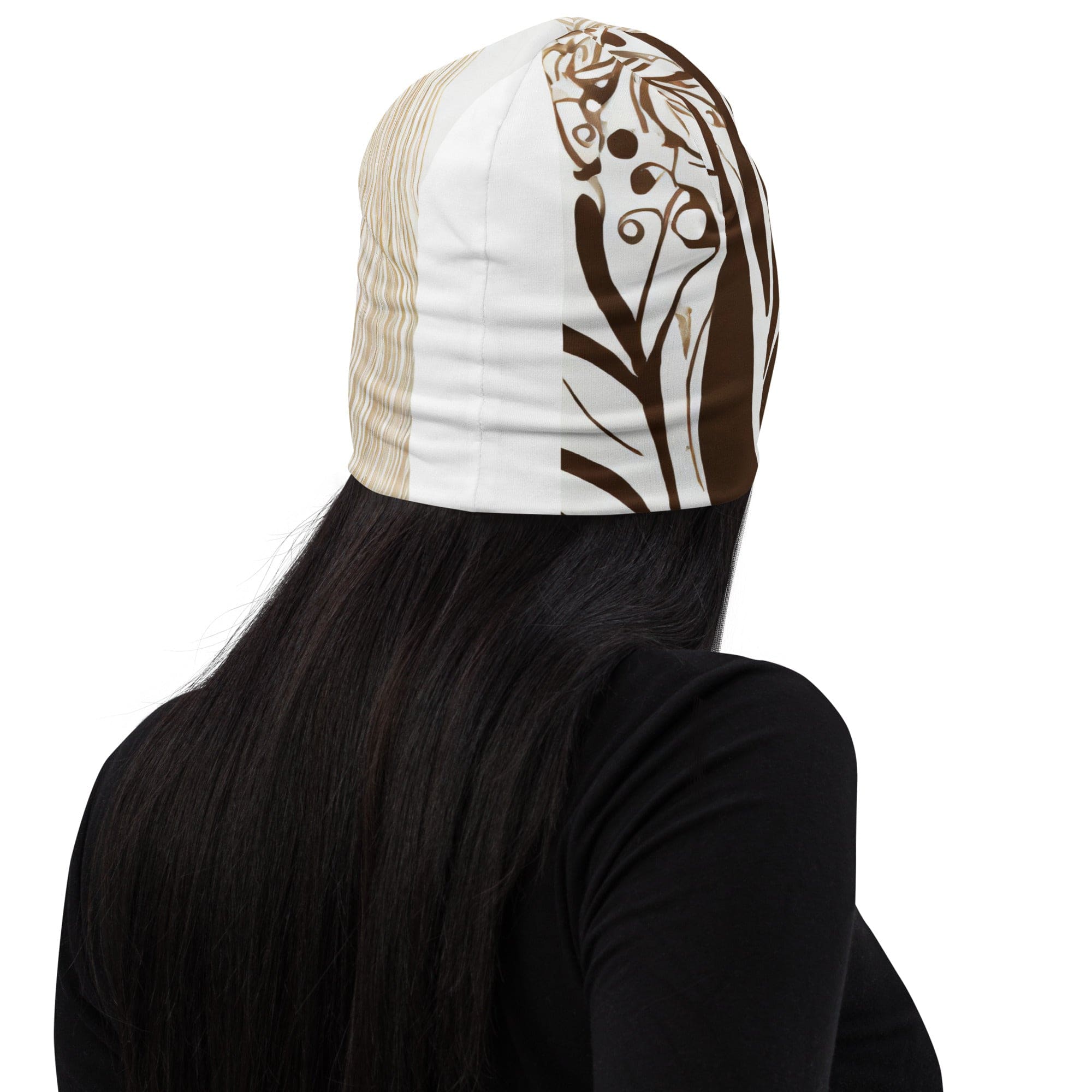 Double-layered beanie hat featuring a stylish brown floral design, perfect for winter and spring wear.