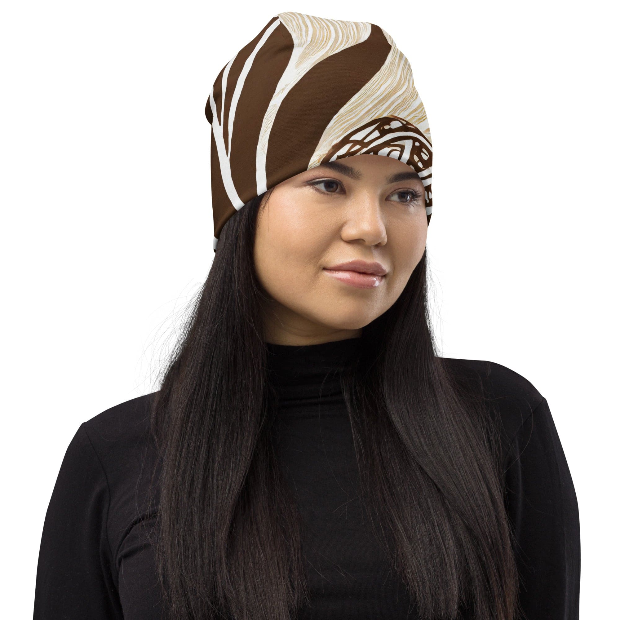 Double-layered beanie hat featuring a stylish brown floral design, perfect for winter and spring wear.