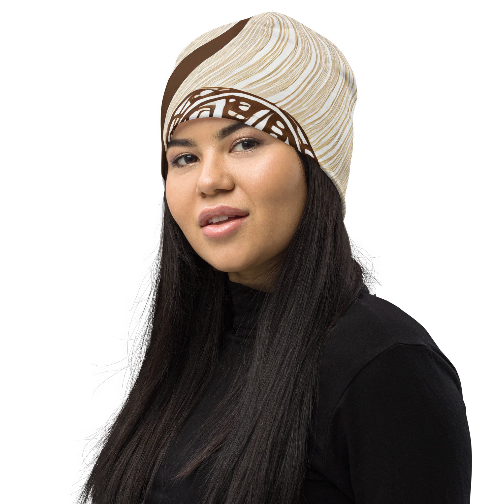 Double-layered beanie hat featuring a stylish brown floral design, perfect for winter and spring wear.