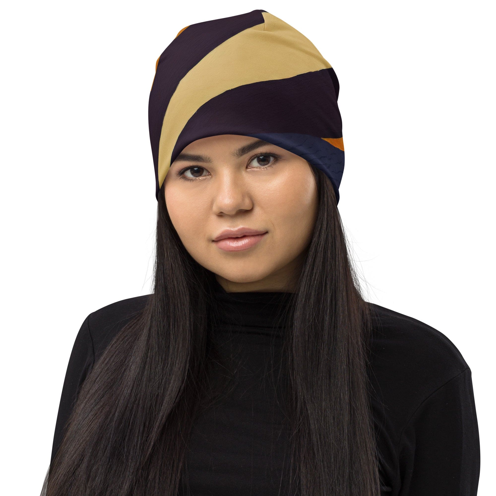 Double-layered beanie hat featuring brown, red, and blue colorblock lines, perfect for winter and fall wear.