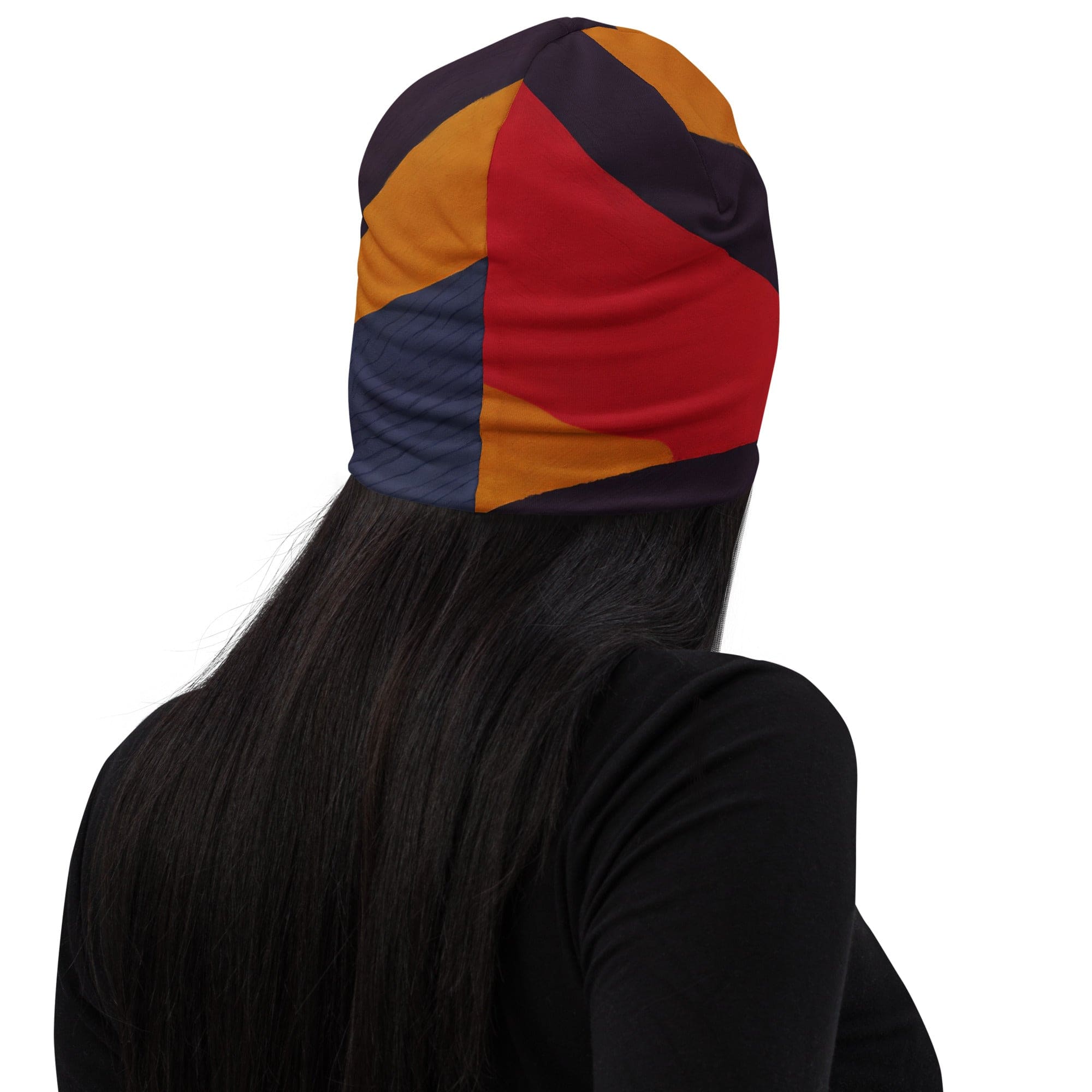 Double-layered beanie hat featuring brown, red, and blue colorblock lines, perfect for winter and fall wear.