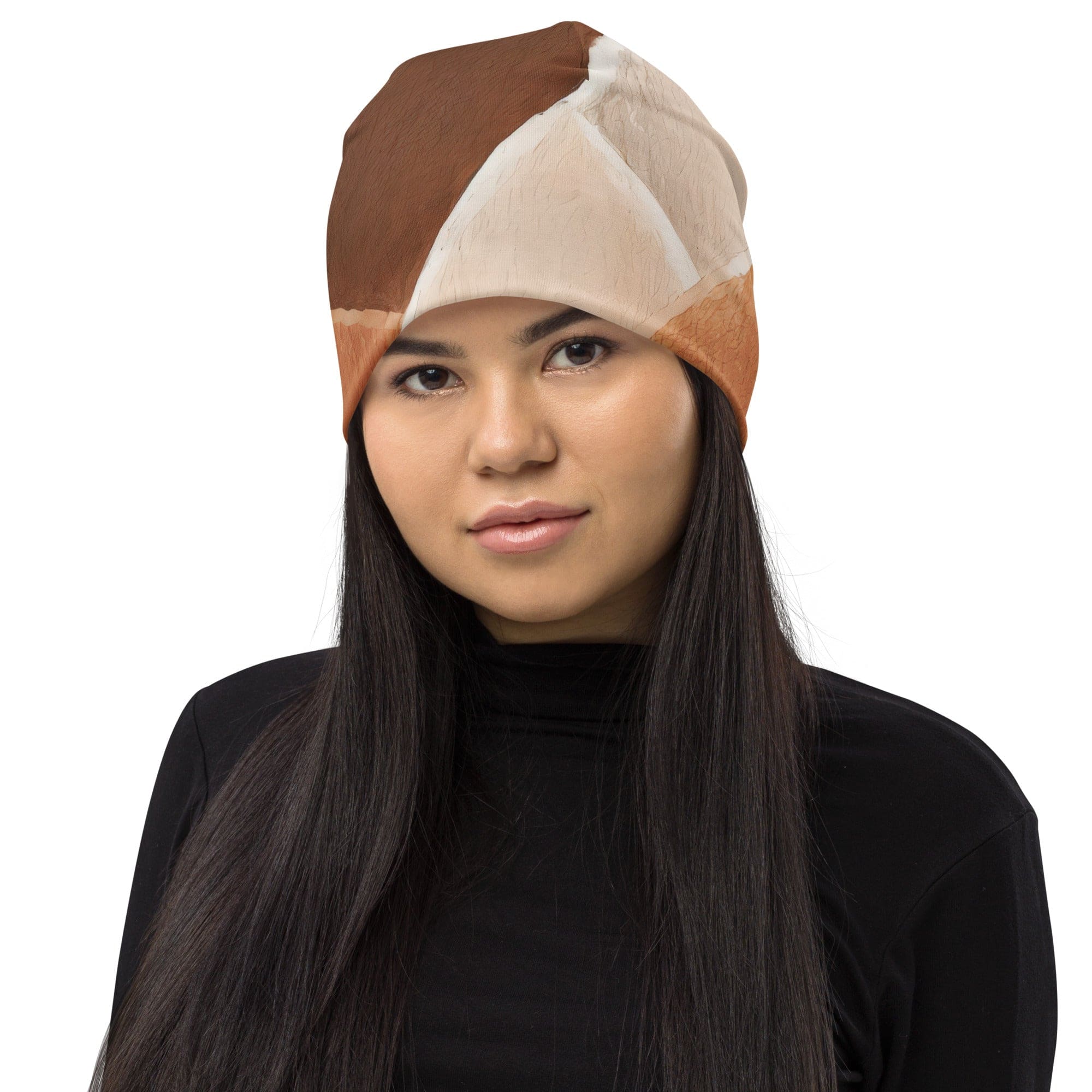 Double-layered beanie hat in brown with rustic watercolors print, showcasing its soft fabric and stylish design.