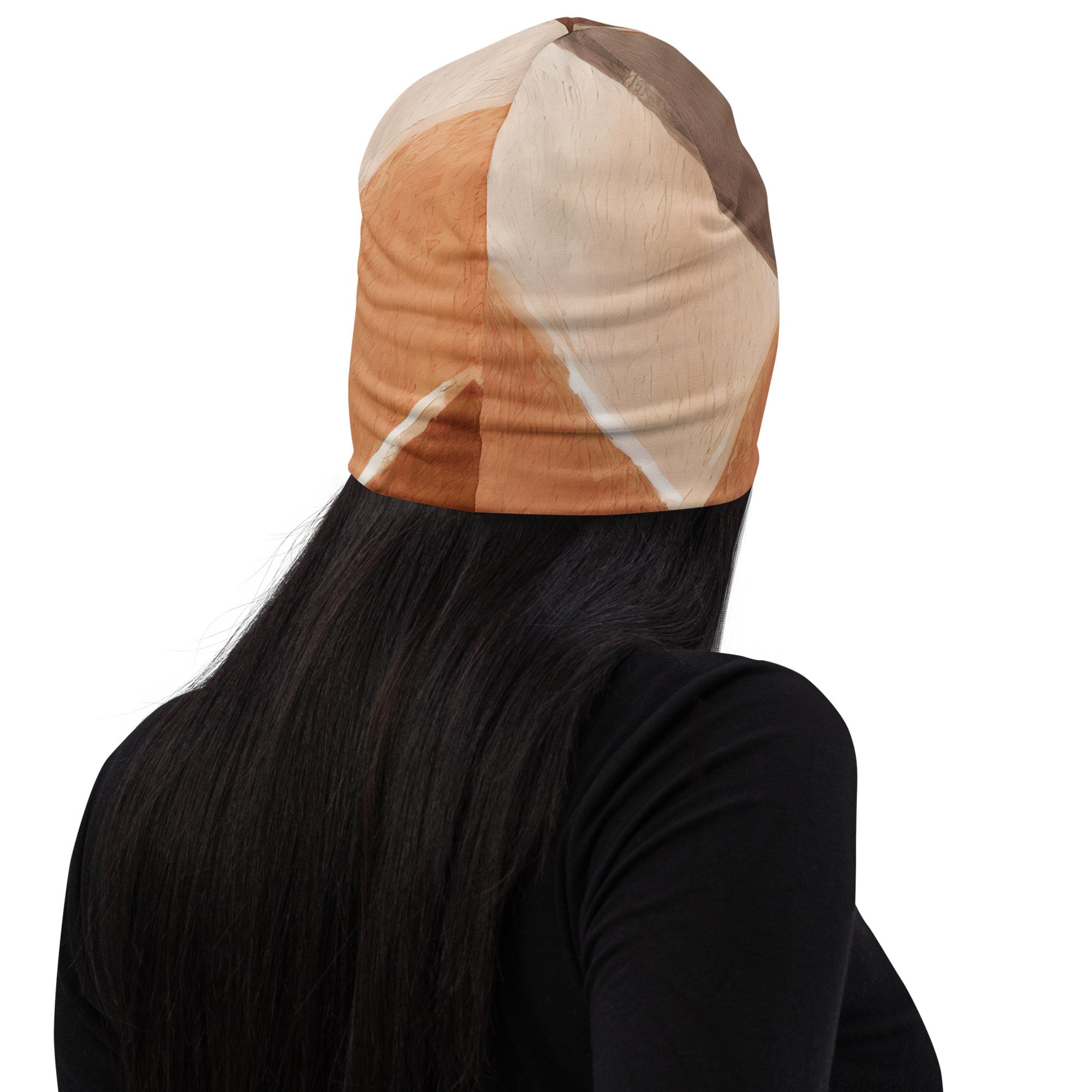 Double-layered beanie hat in brown with rustic watercolors print, showcasing its soft fabric and stylish design.