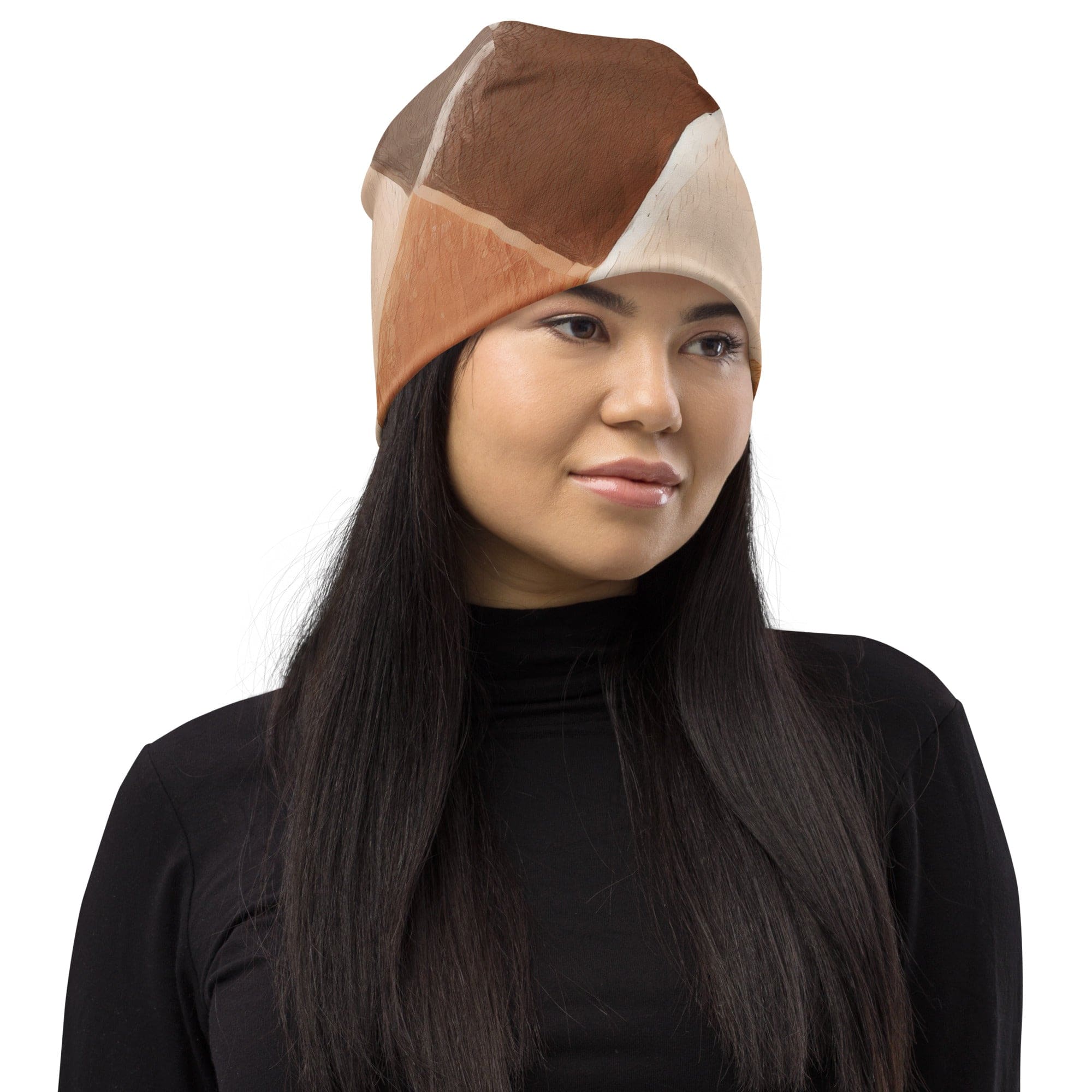 Double-layered beanie hat in brown with rustic watercolors print, showcasing its soft fabric and stylish design.