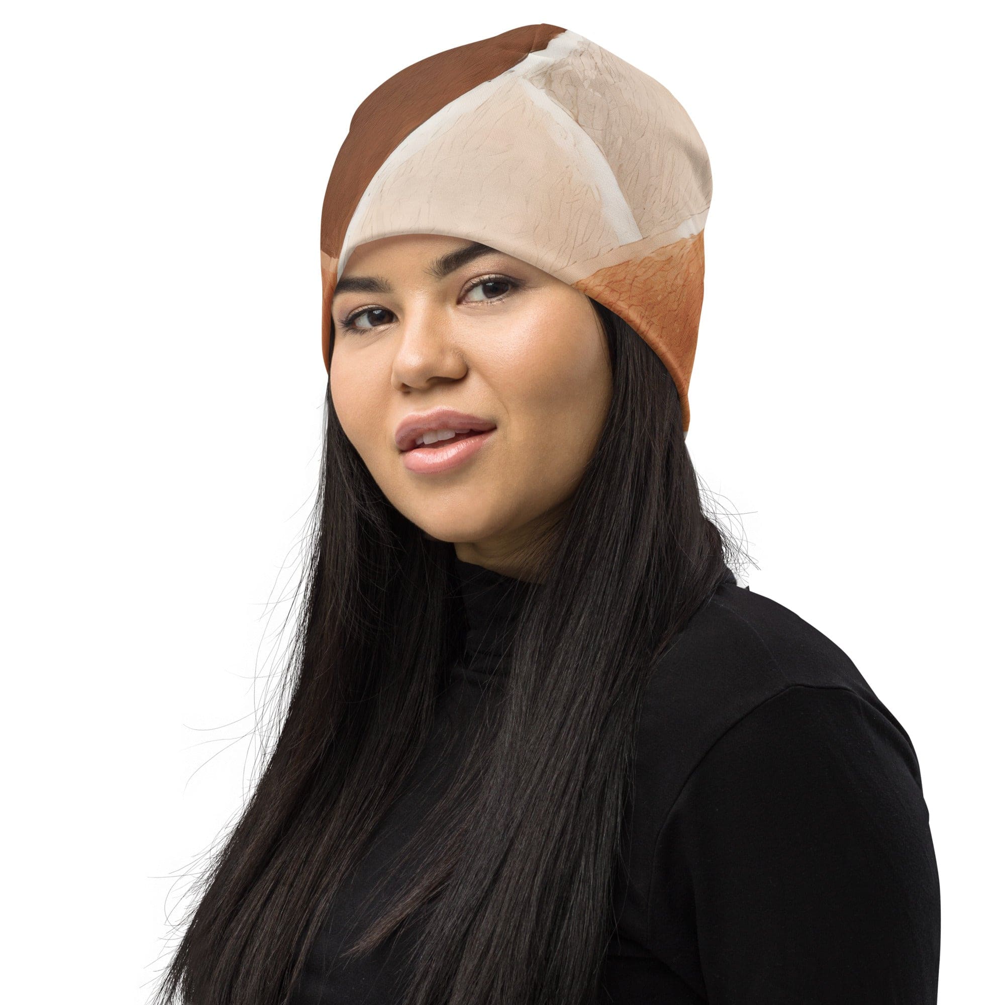 Double-layered beanie hat in brown with rustic watercolors print, showcasing its soft fabric and stylish design.