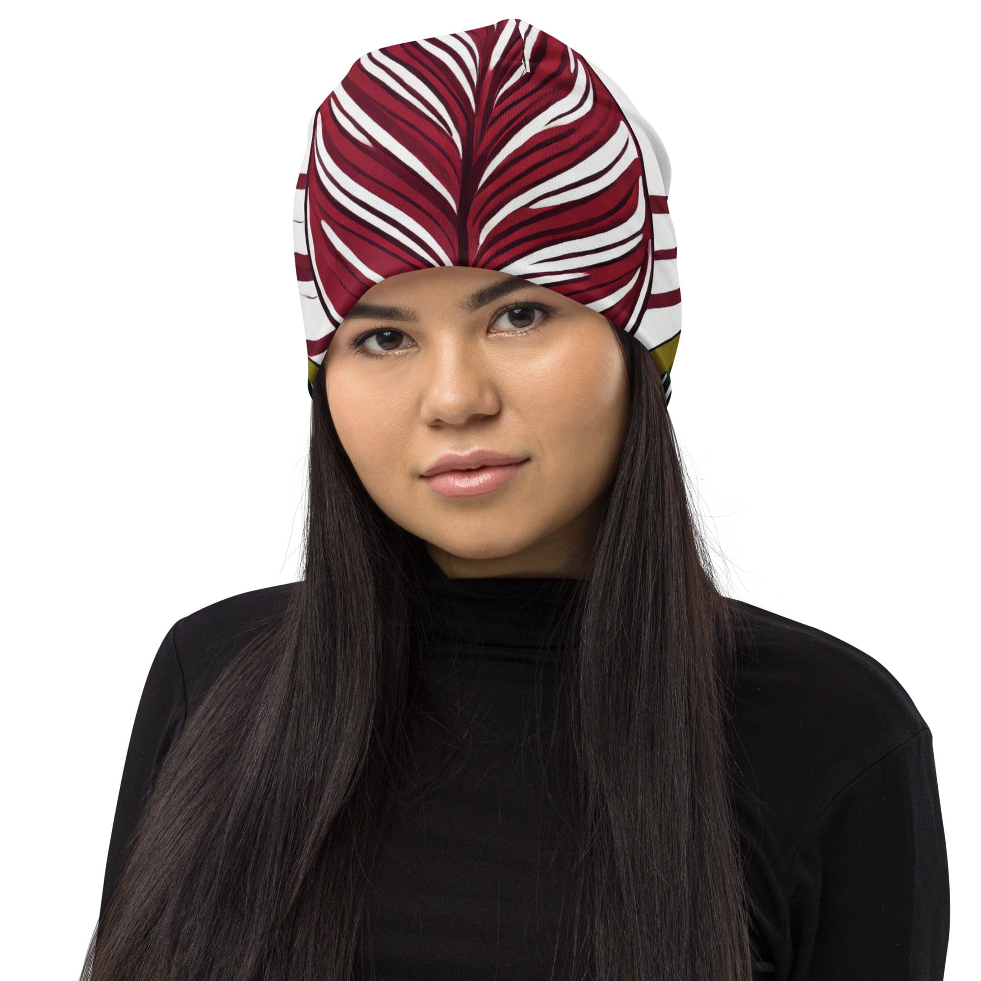 Double-layered beanie hat featuring colorful floral lines, designed for warmth and style, perfect for all seasons.