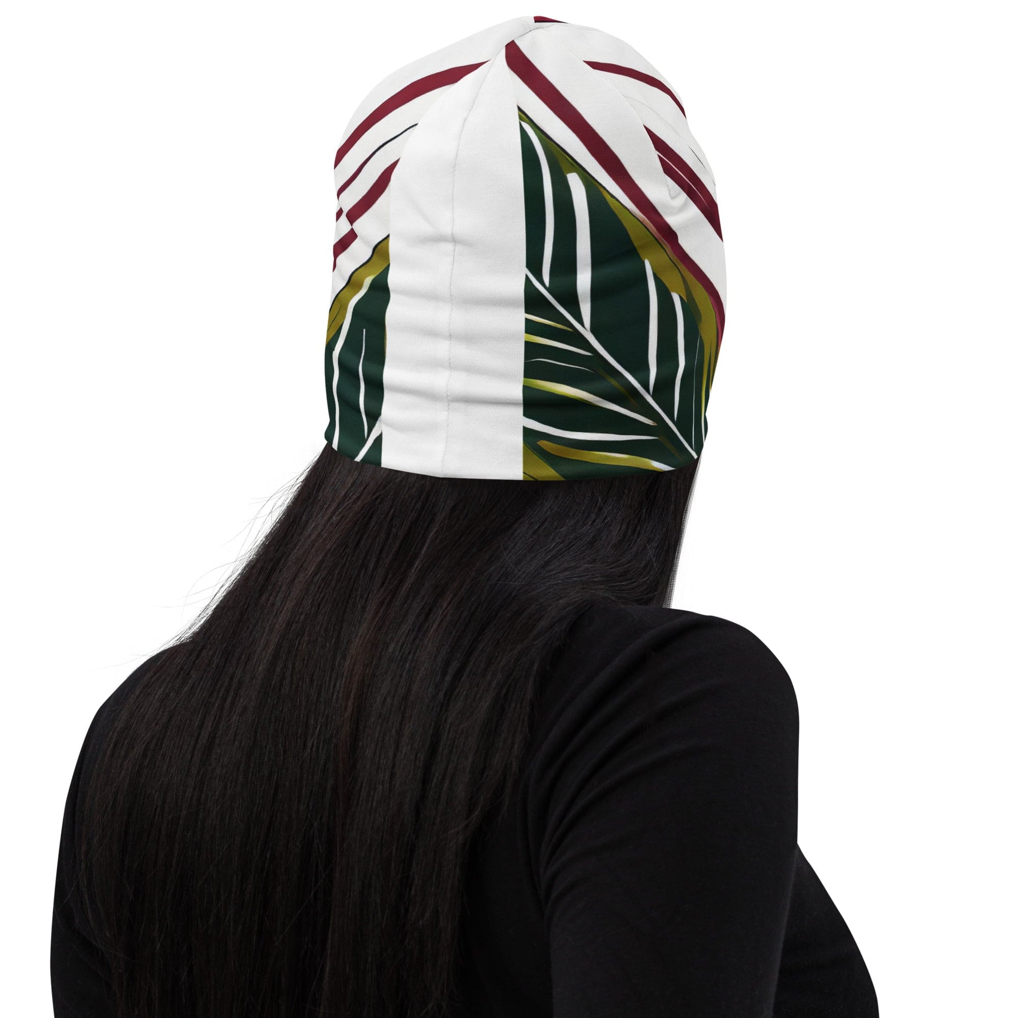 Double-layered beanie hat featuring colorful floral lines, designed for warmth and style, perfect for all seasons.