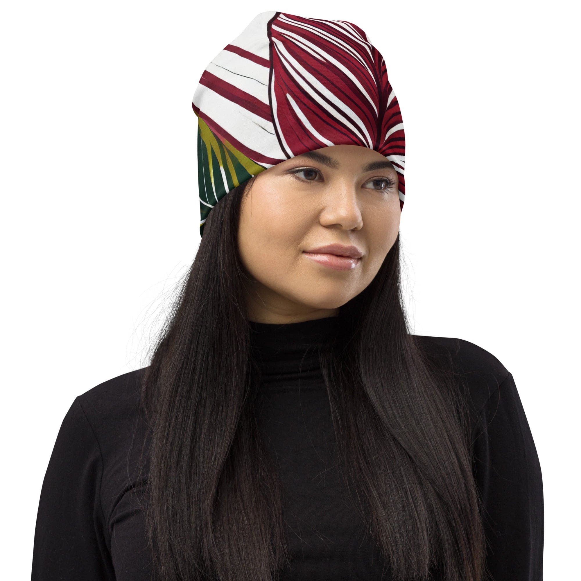 Double-layered beanie hat featuring colorful floral lines, designed for warmth and style, perfect for all seasons.