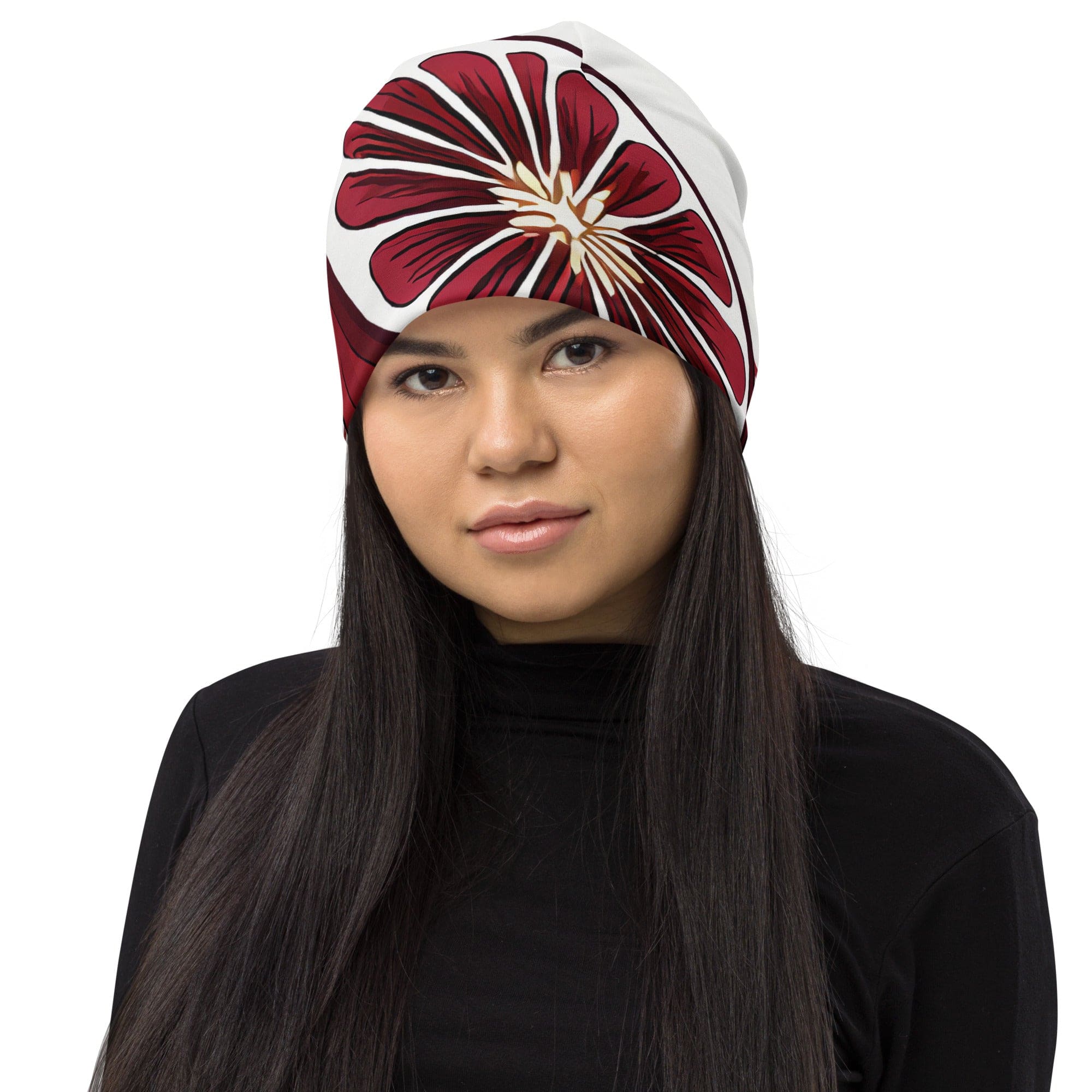 Double-layered beanie hat featuring colorful floral lines, designed for warmth and style, suitable for all seasons.