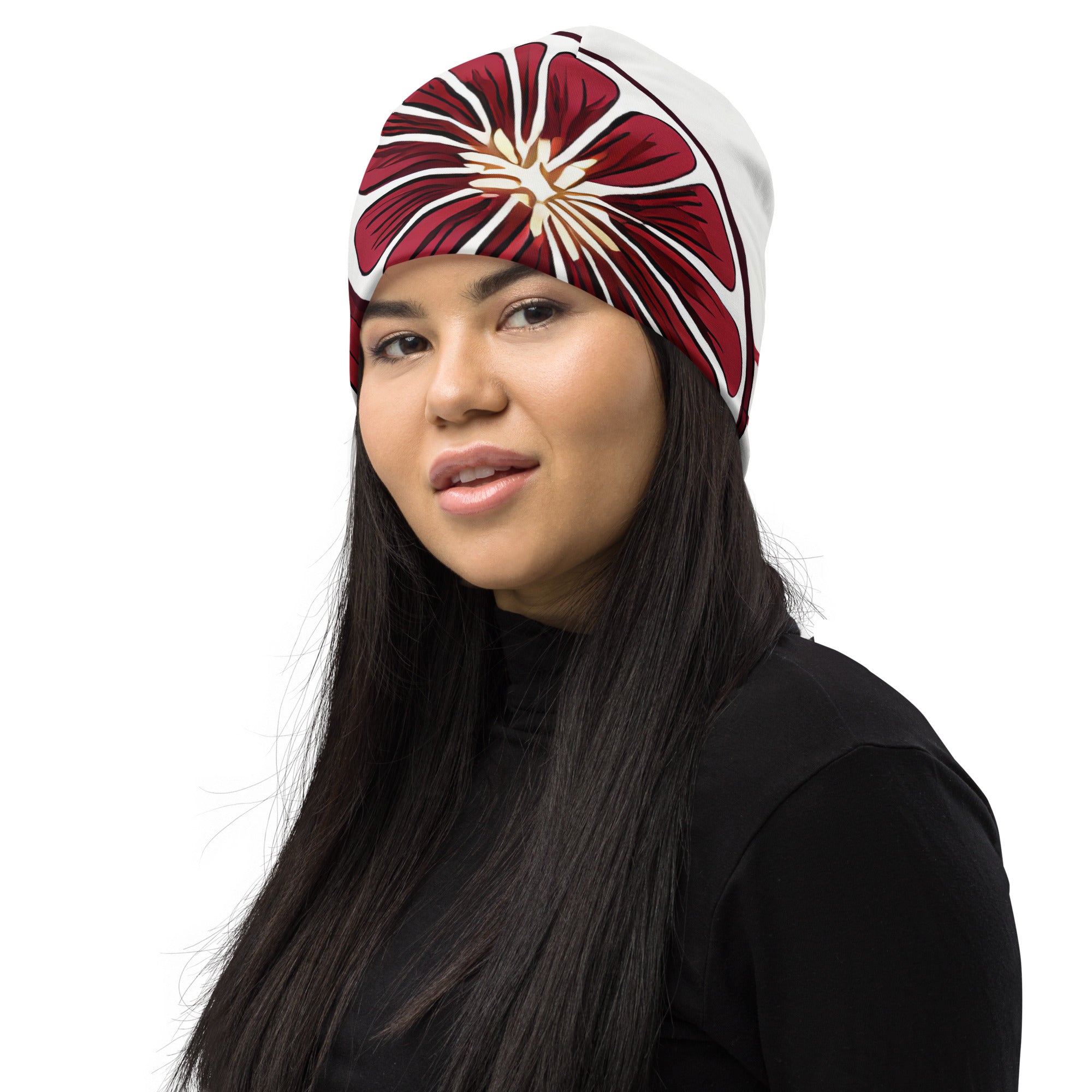 Double-layered beanie hat featuring colorful floral lines, designed for warmth and style, suitable for all seasons.