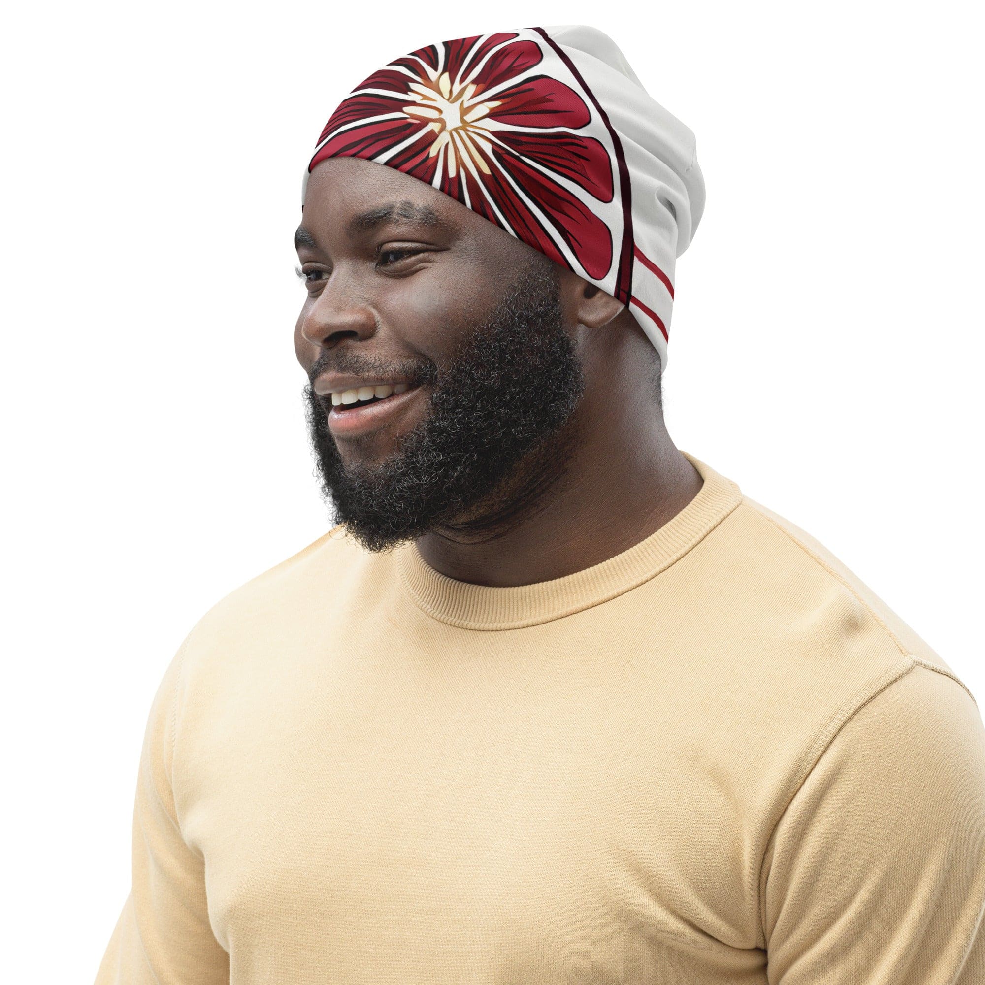 Double-layered beanie hat featuring colorful floral lines, designed for warmth and style, suitable for all seasons.